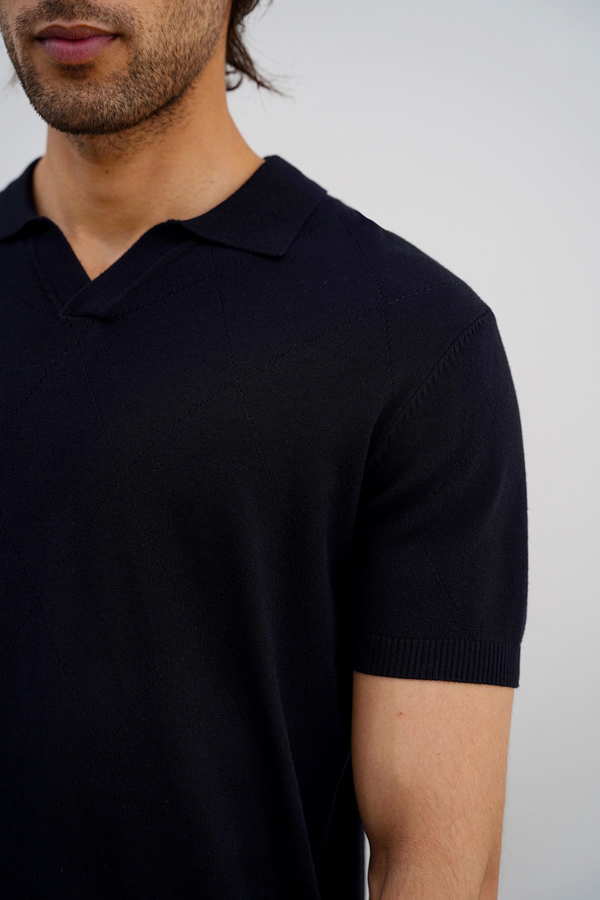 Black Knitted Polo with Johnny Collar - Regular Fit, Regular Hand Feel