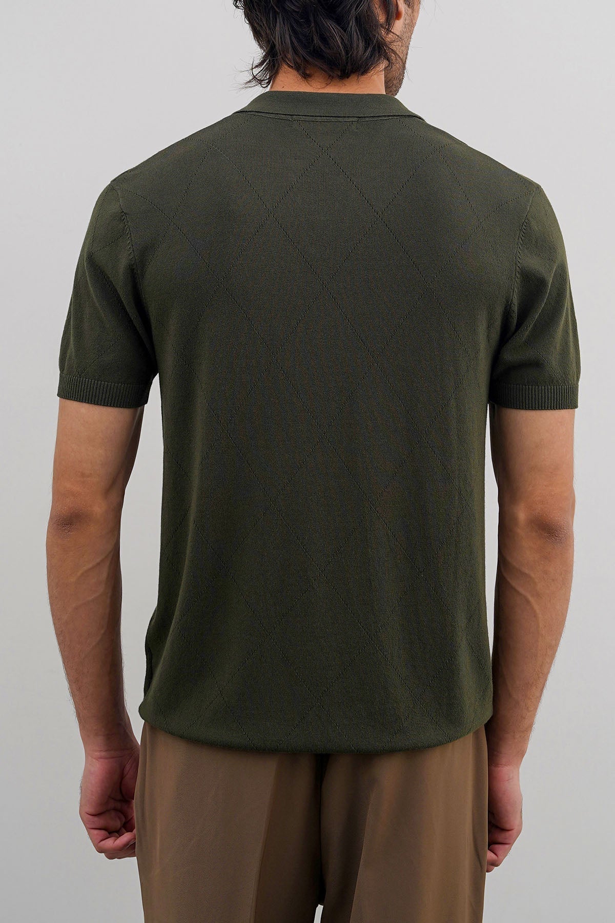 Olive Knitted Polo with Johnny Collar - Regular Fit, Regular Hand Feel