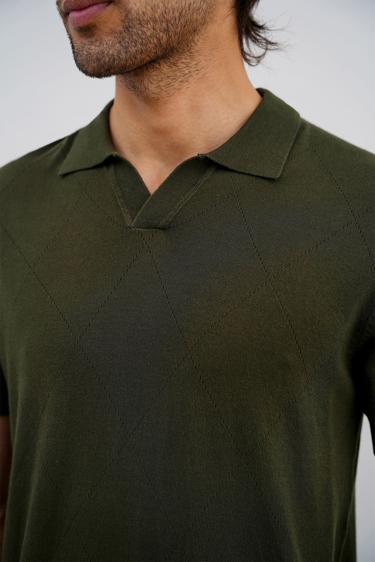 Olive Knitted Polo with Johnny Collar - Regular Fit, Regular Hand Feel