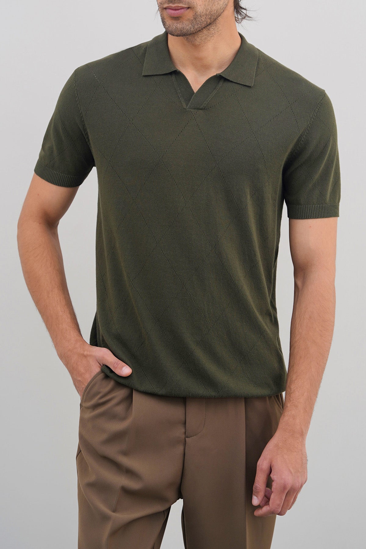 Olive Knitted Polo with Johnny Collar - Regular Fit, Regular Hand Feel