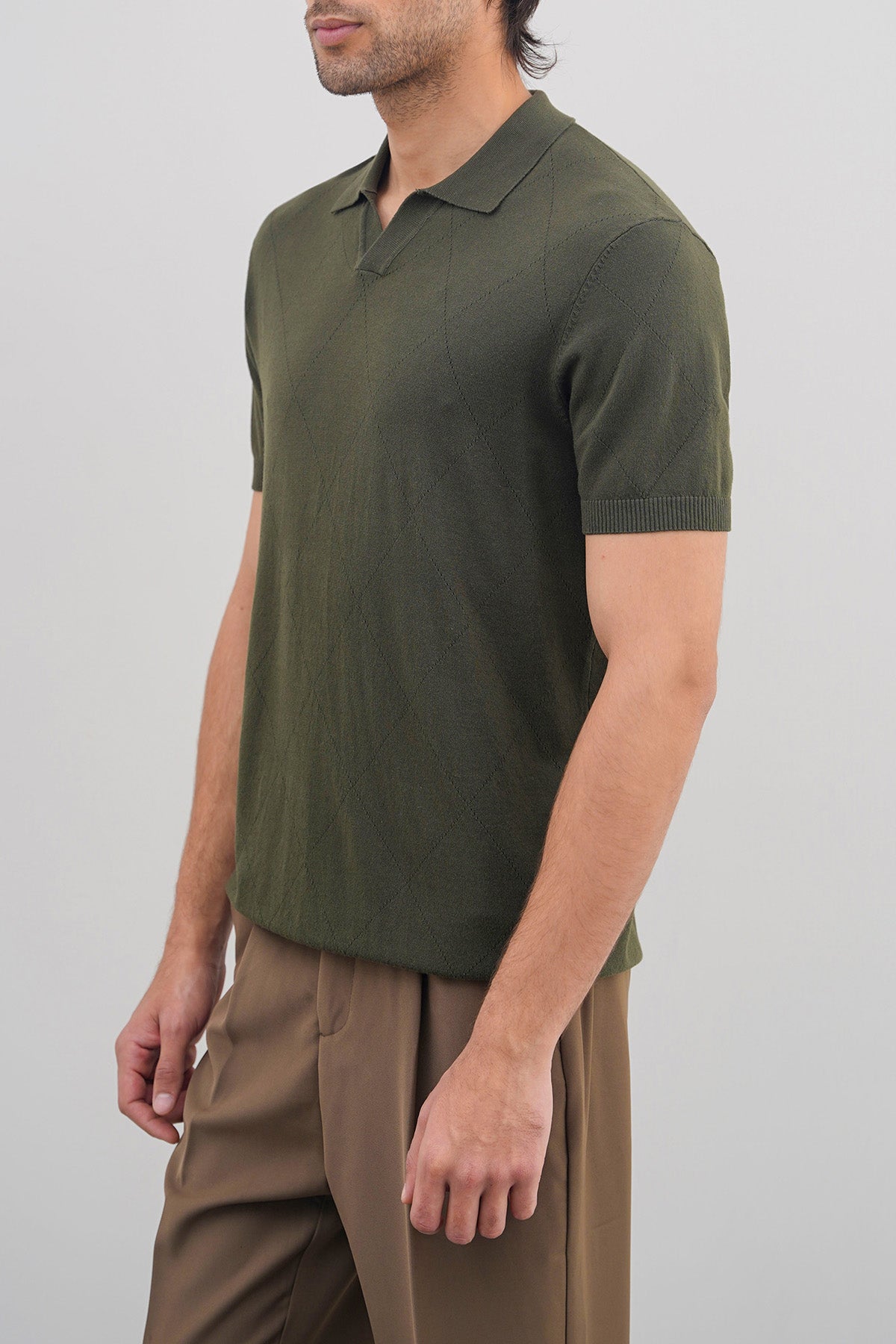 Olive Knitted Polo with Johnny Collar - Regular Fit, Regular Hand Feel