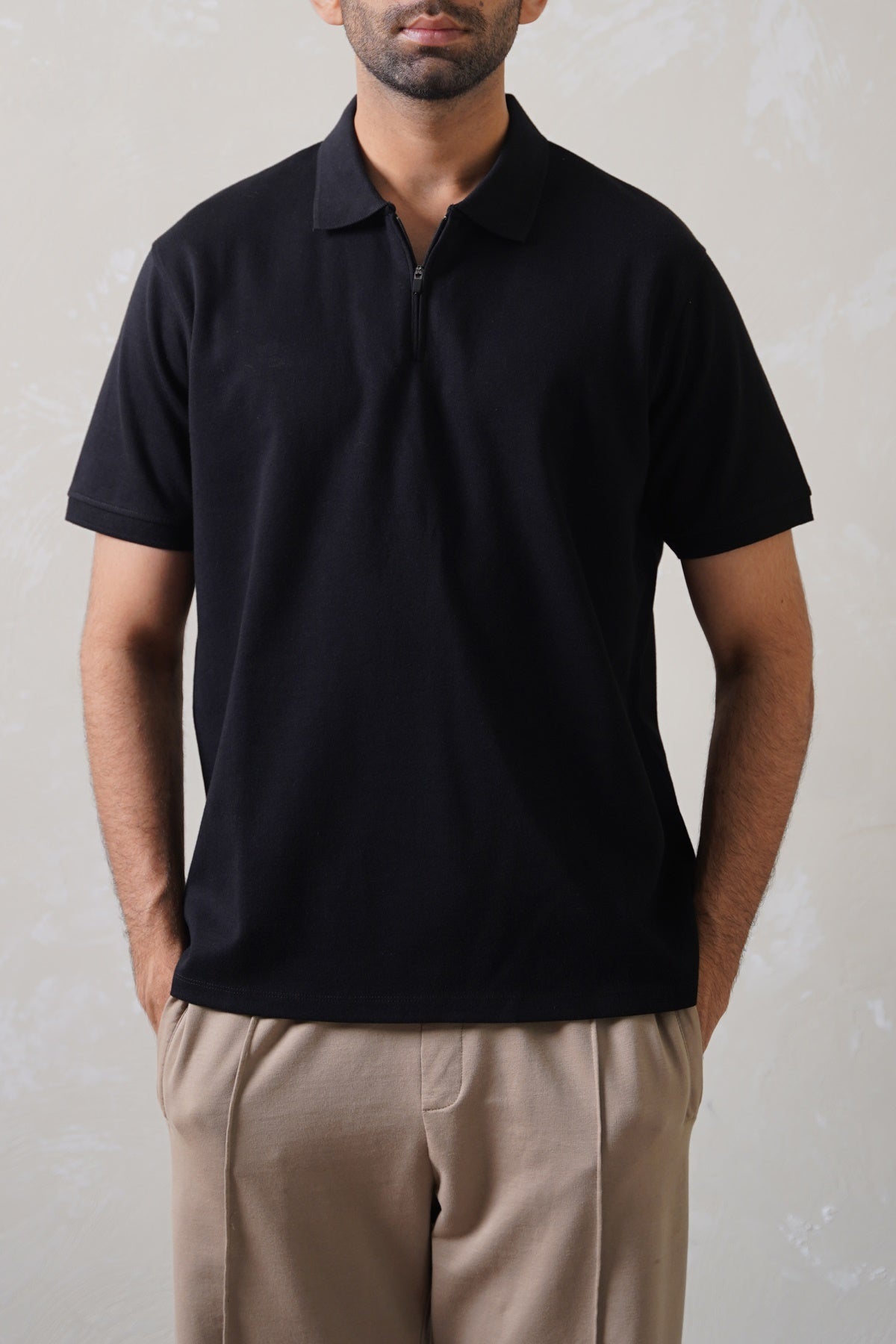Black Soft Interlock Polo Shirt - Regular Fit with Zip Fastening