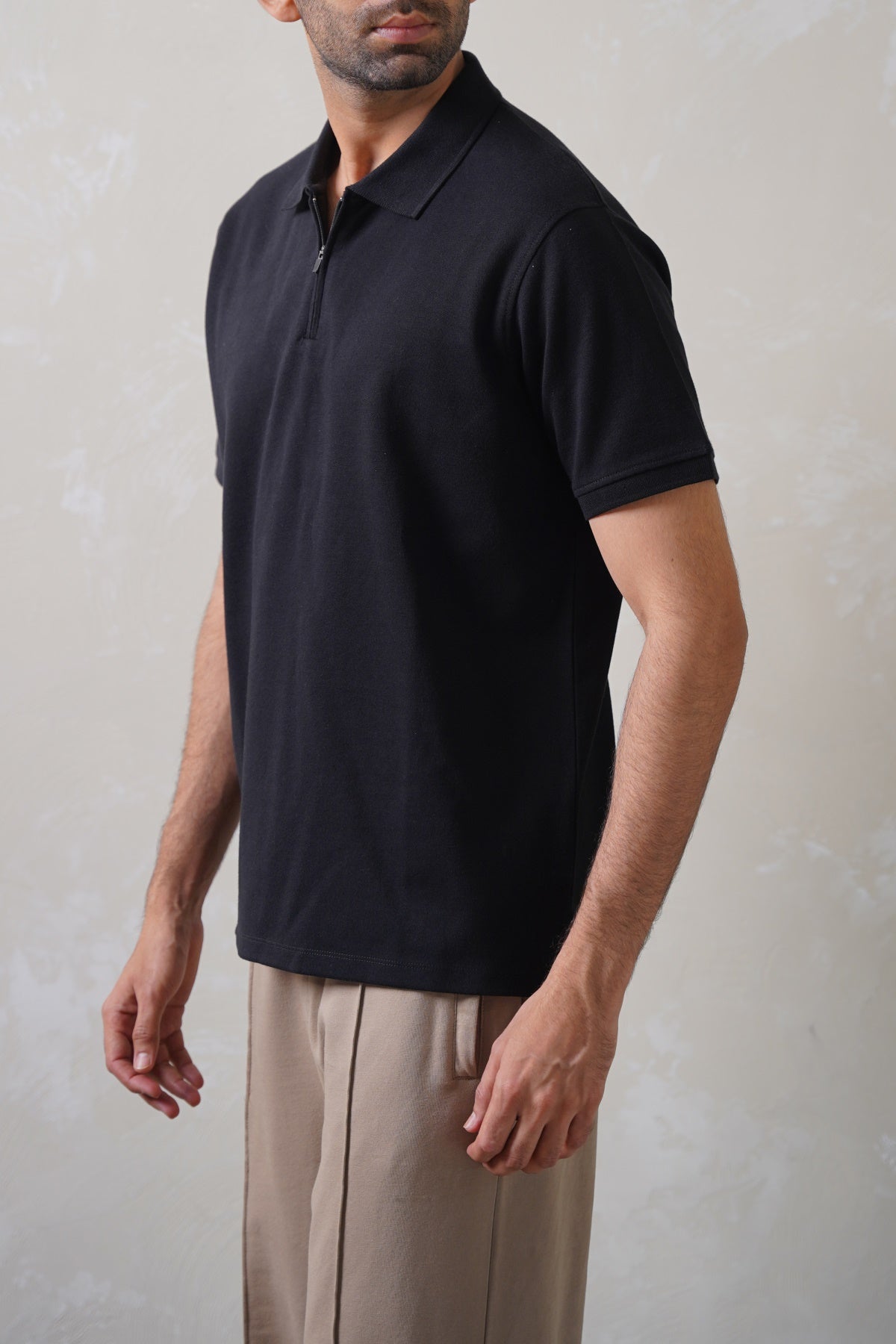 Black Soft Interlock Polo Shirt - Regular Fit with Zip Fastening