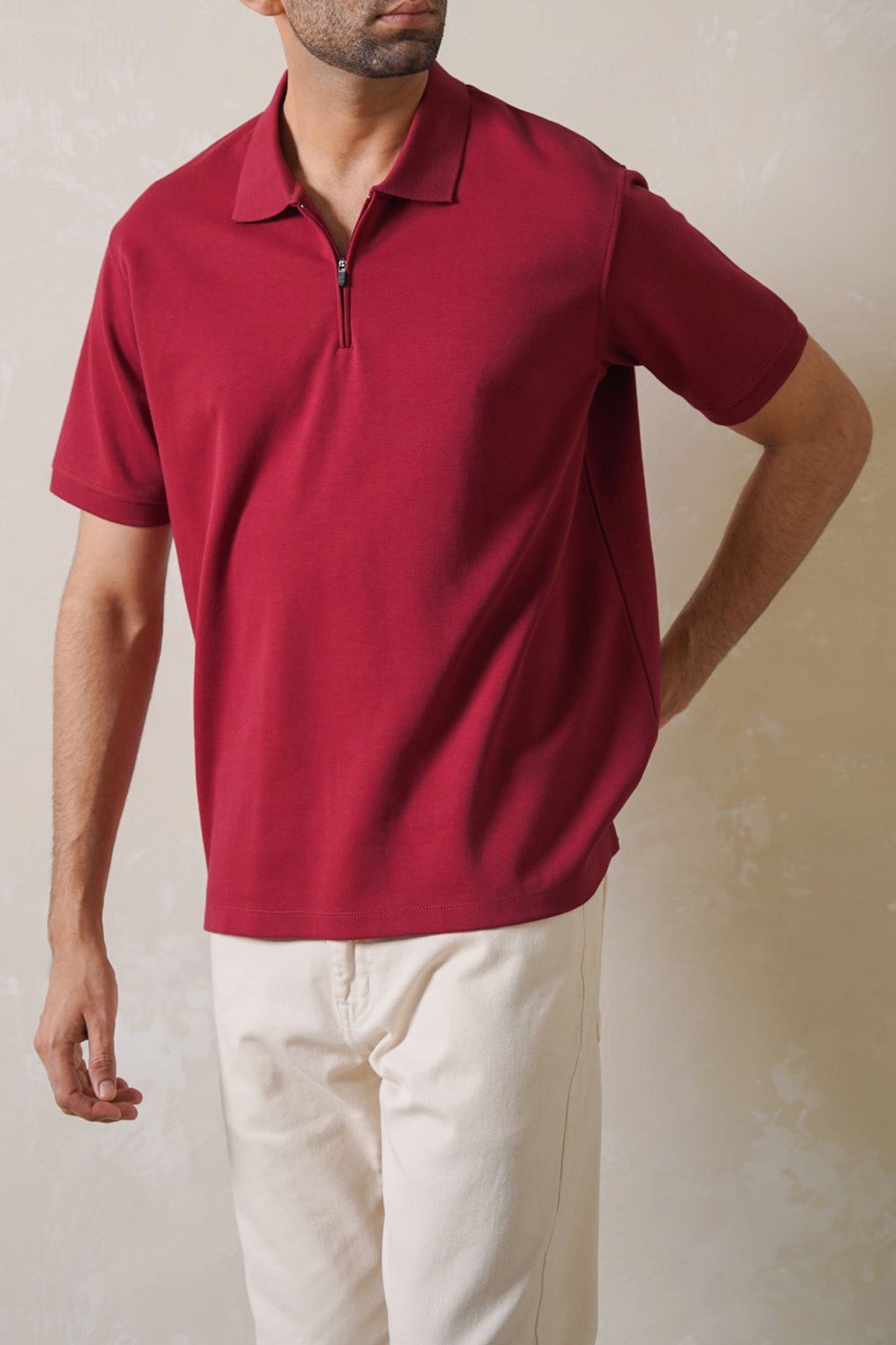 Maroon Soft Interlock Polo Shirt - Regular Fit with Zip Fastening