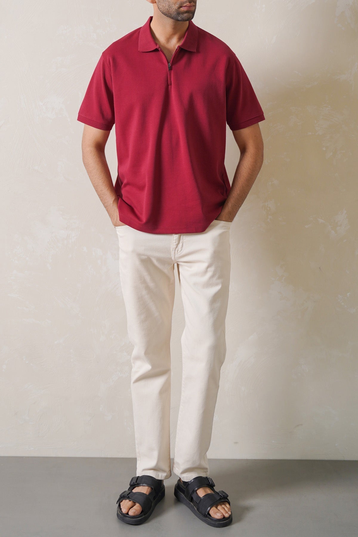 Maroon Soft Interlock Polo Shirt - Regular Fit with Zip Fastening