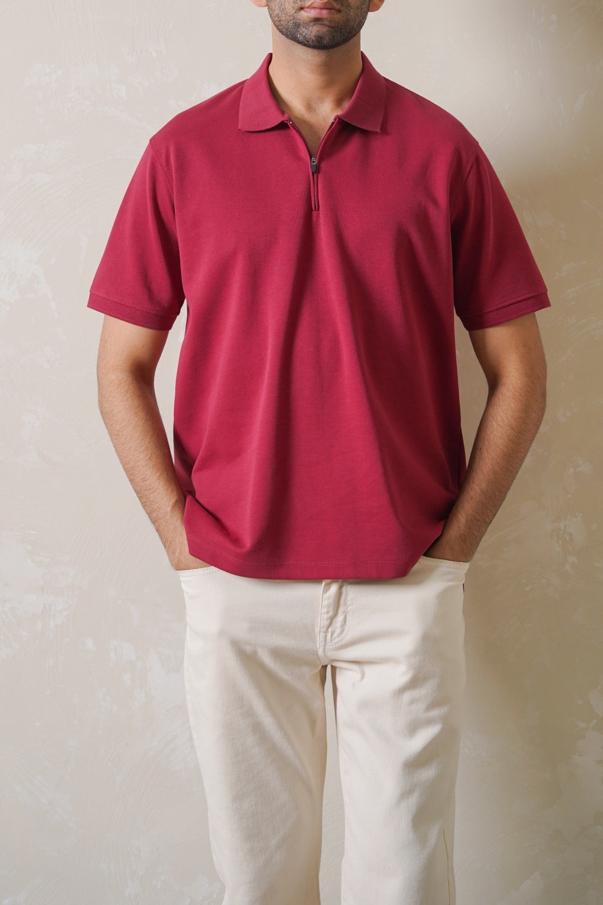 Maroon Soft Interlock Polo Shirt - Regular Fit with Zip Fastening