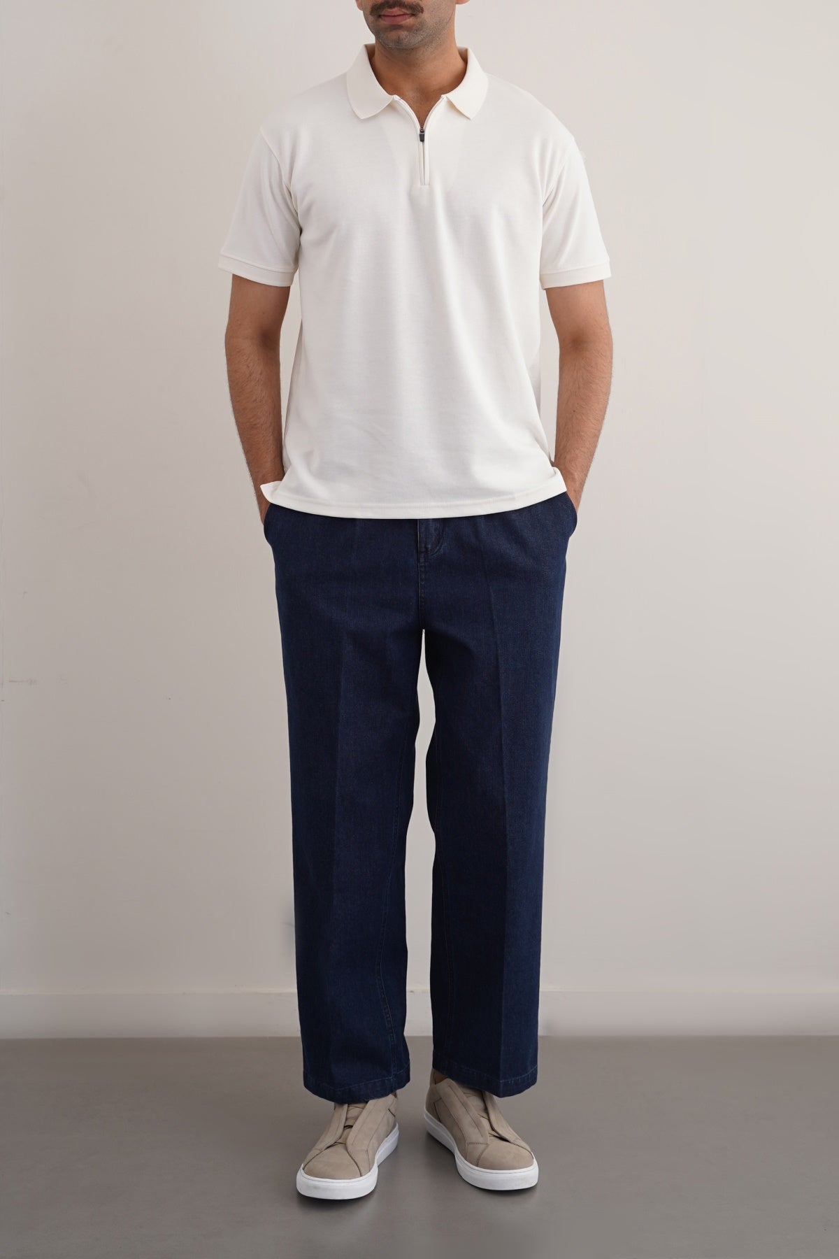 Off White Soft Interlock Polo Shirt - Regular Fit with Zip Fastening