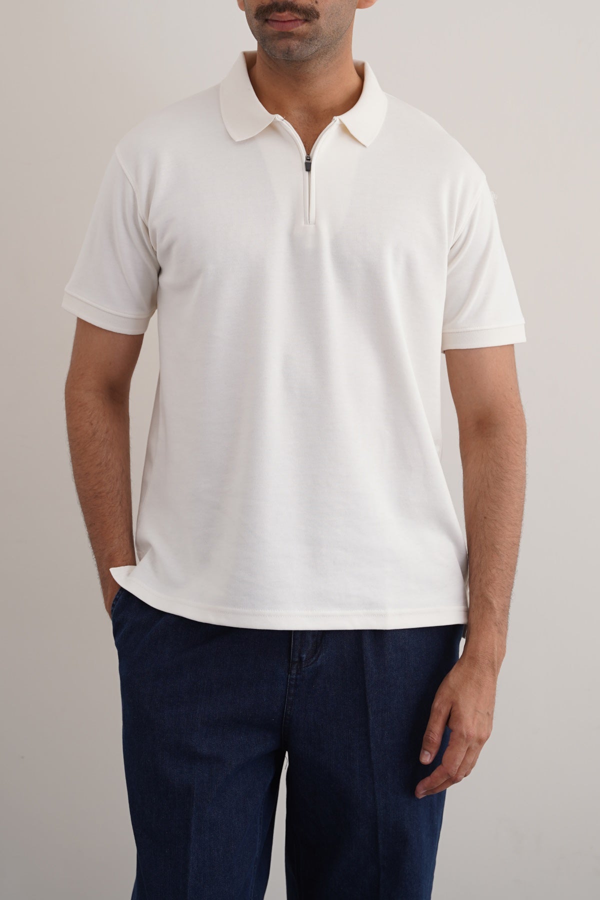 Off White Soft Interlock Polo Shirt - Regular Fit with Zip Fastening
