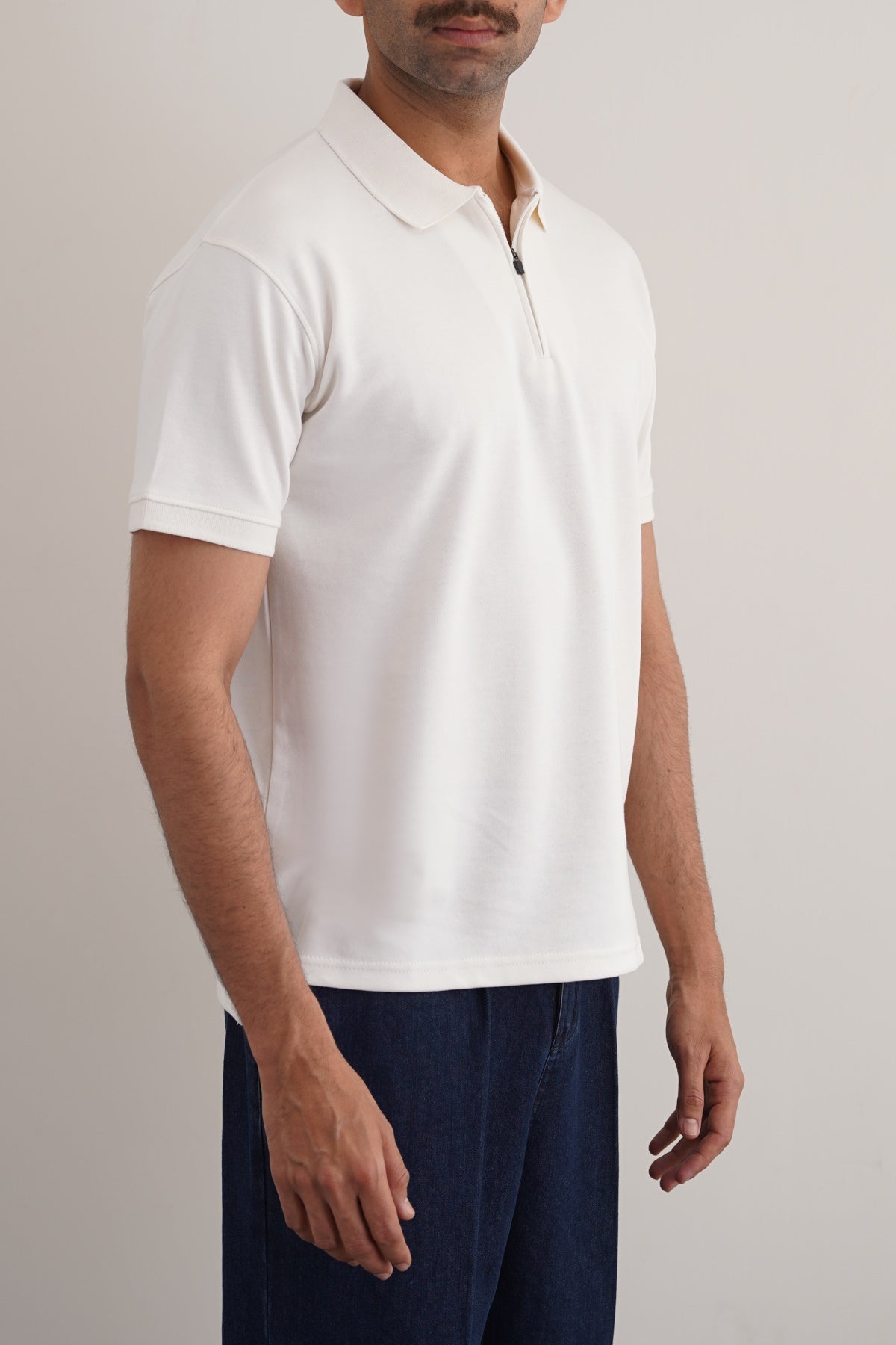 Off White Soft Interlock Polo Shirt - Regular Fit with Zip Fastening
