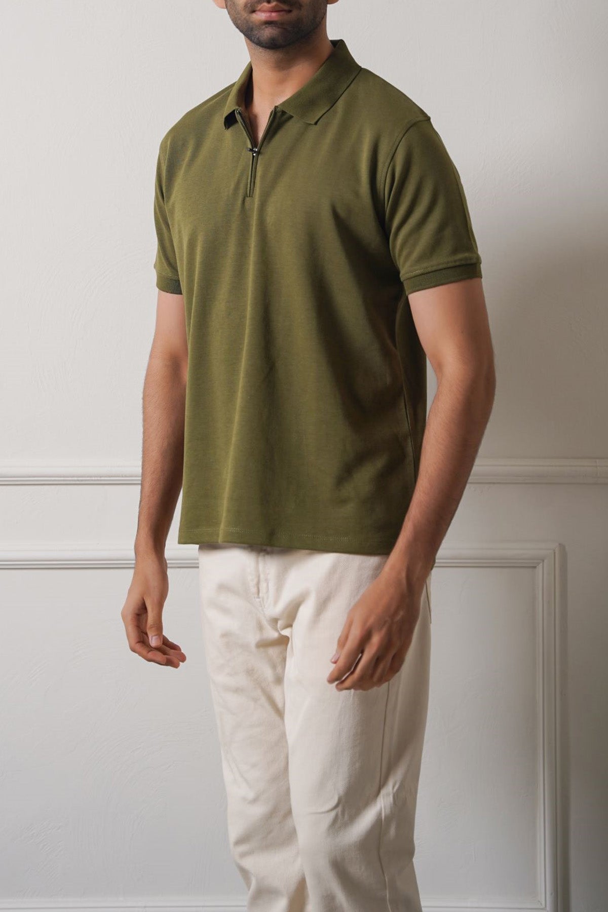 Olive Soft Interlock Polo Shirt with Zip - Regular Fit
