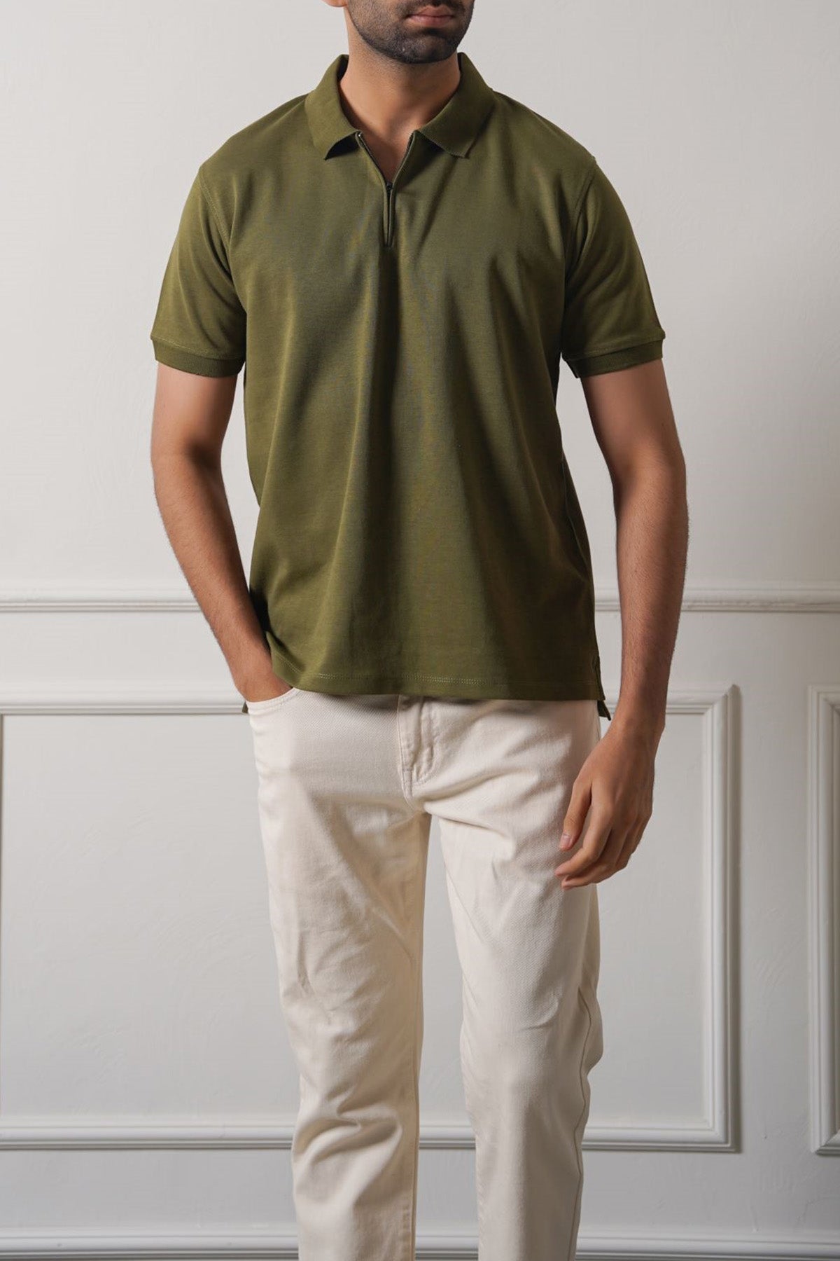 Olive Soft Interlock Polo Shirt with Zip - Regular Fit