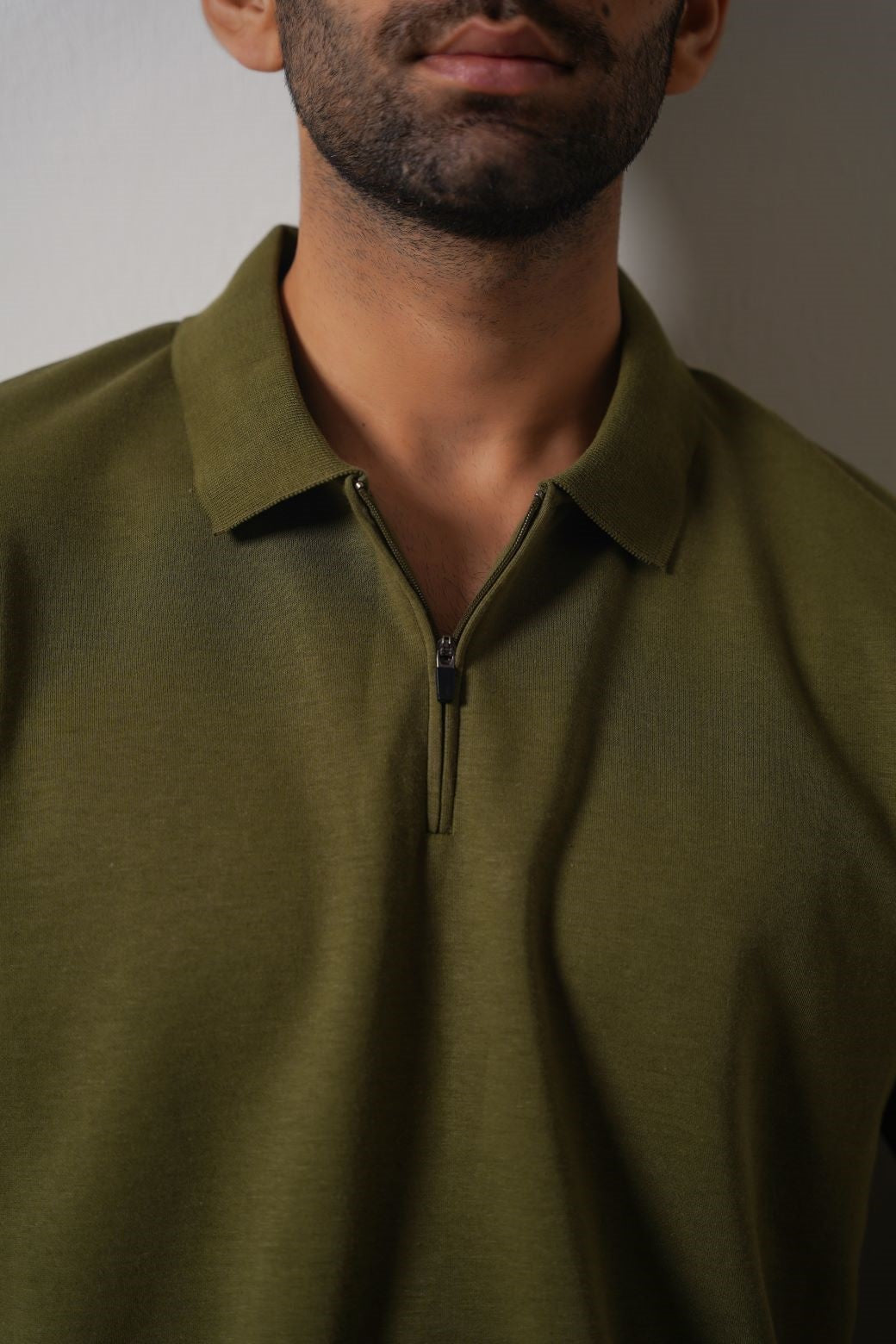 Olive Soft Interlock Polo Shirt with Zip - Regular Fit