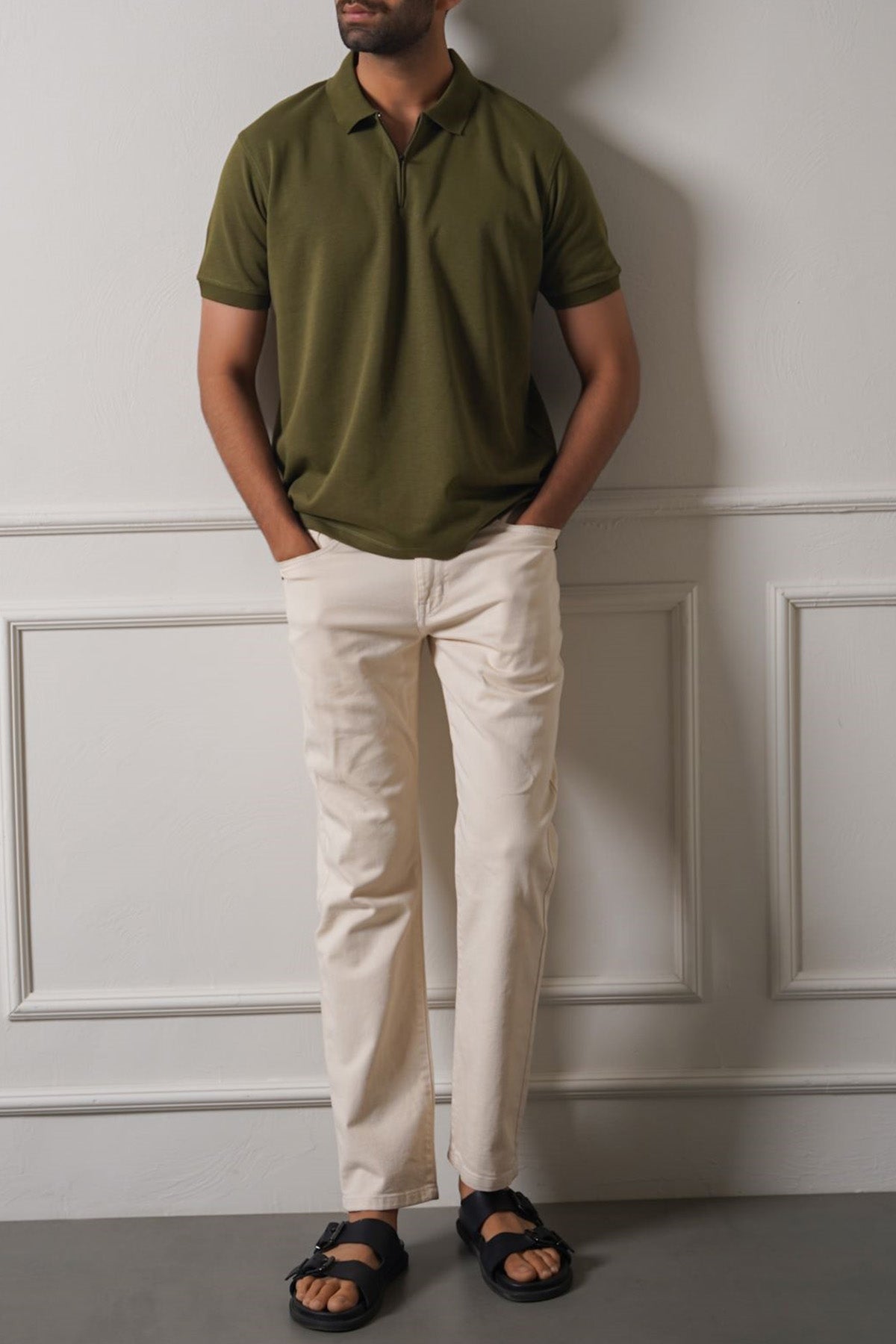 Olive Soft Interlock Polo Shirt with Zip - Regular Fit