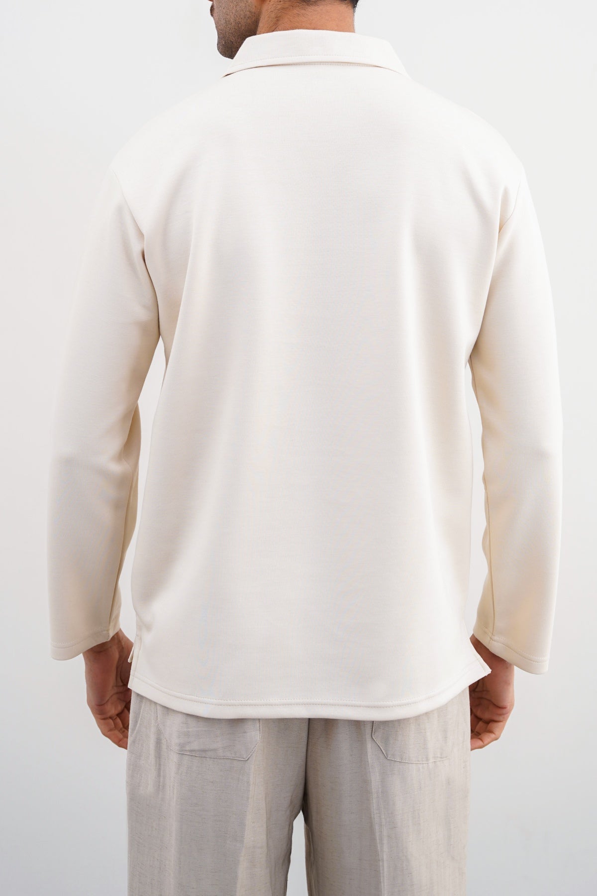 Ivory Soft Neoprene Relaxed Fit Long Sleeve Polo Shirt