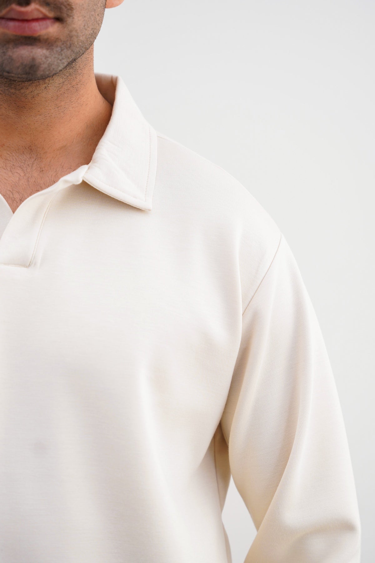 Ivory Soft Neoprene Relaxed Fit Long Sleeve Polo Shirt
