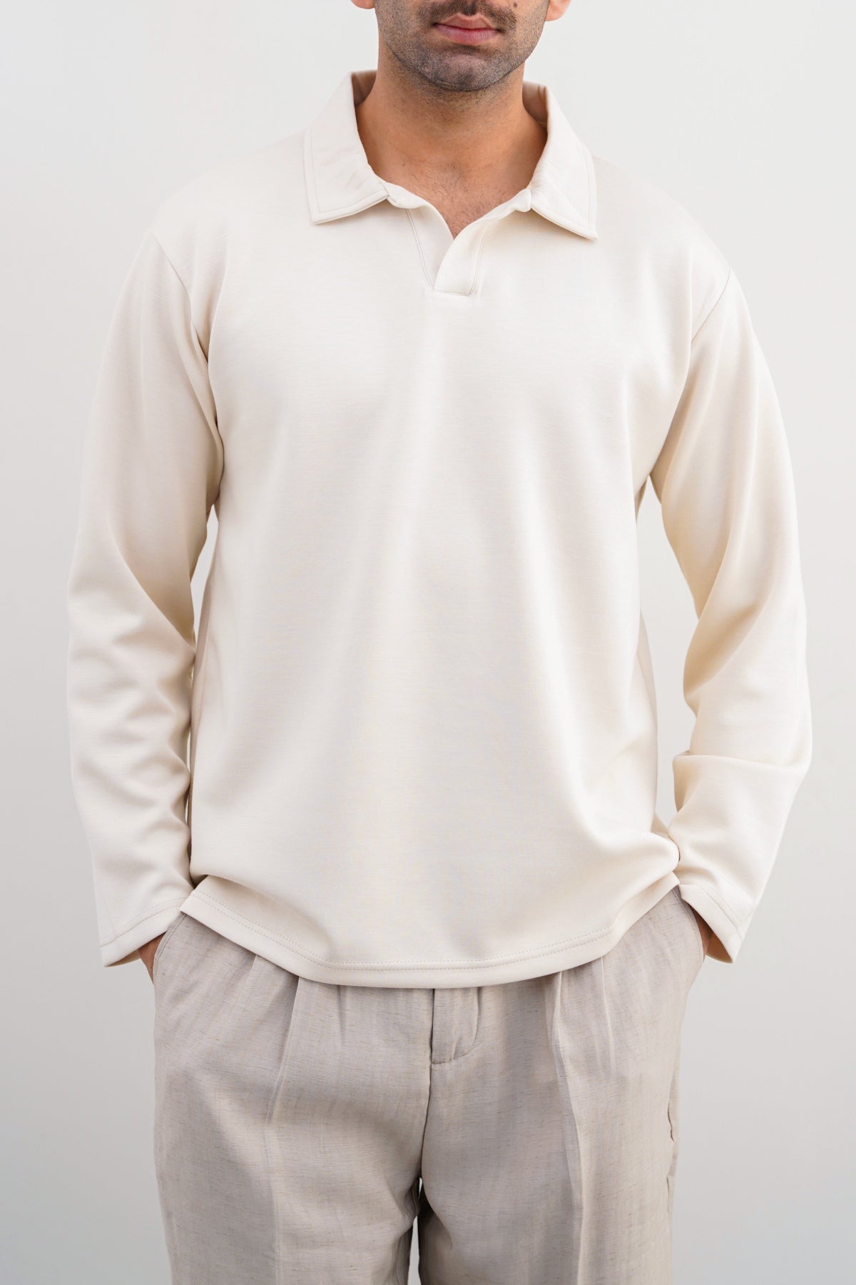 Ivory Soft Neoprene Relaxed Fit Long Sleeve Polo Shirt