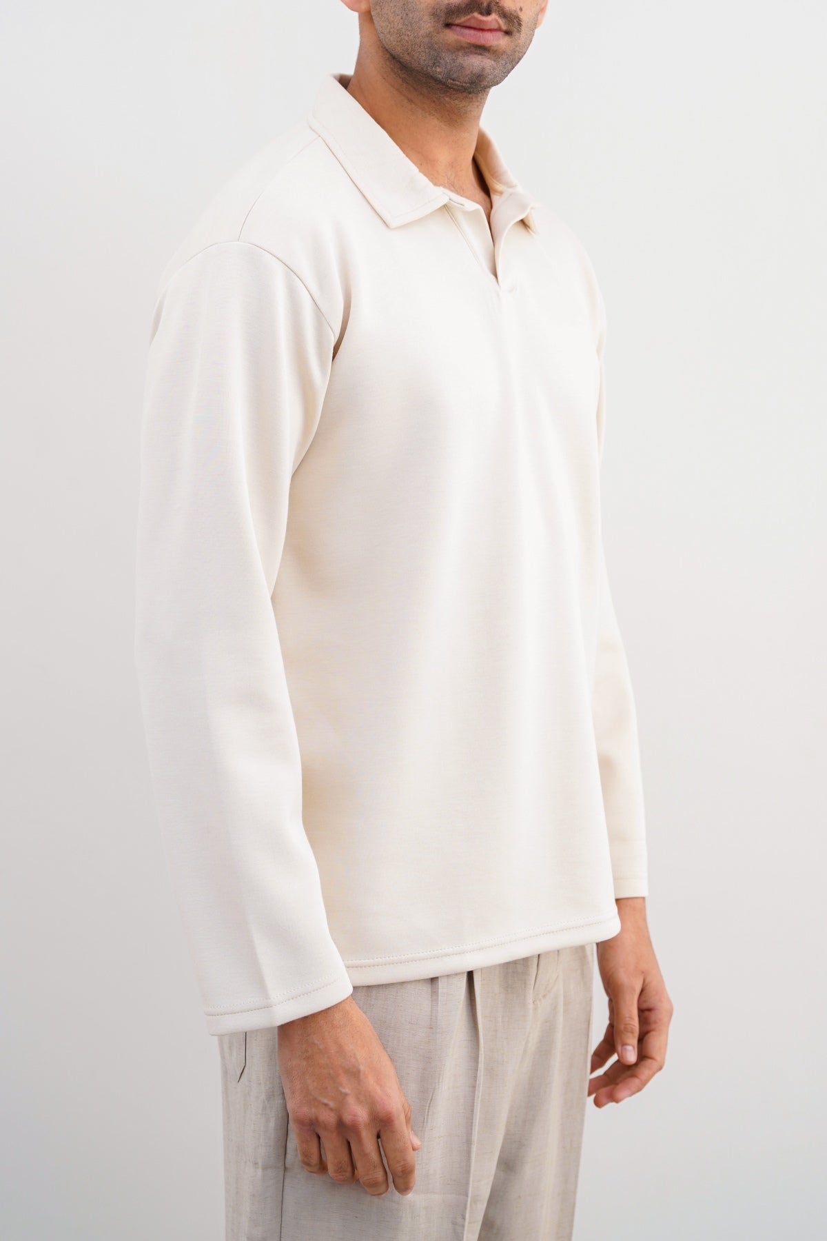 Ivory Soft Neoprene Relaxed Fit Long Sleeve Polo Shirt