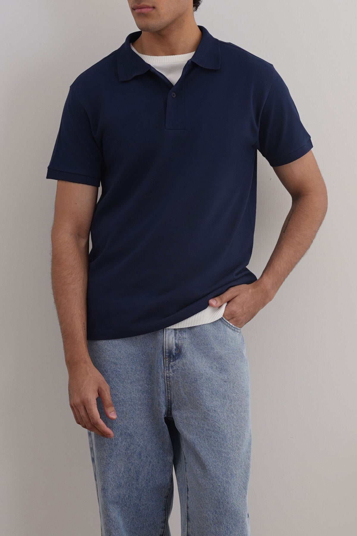 Navy Relaxed Fit Half Sleeve Cotton Polo Shirt