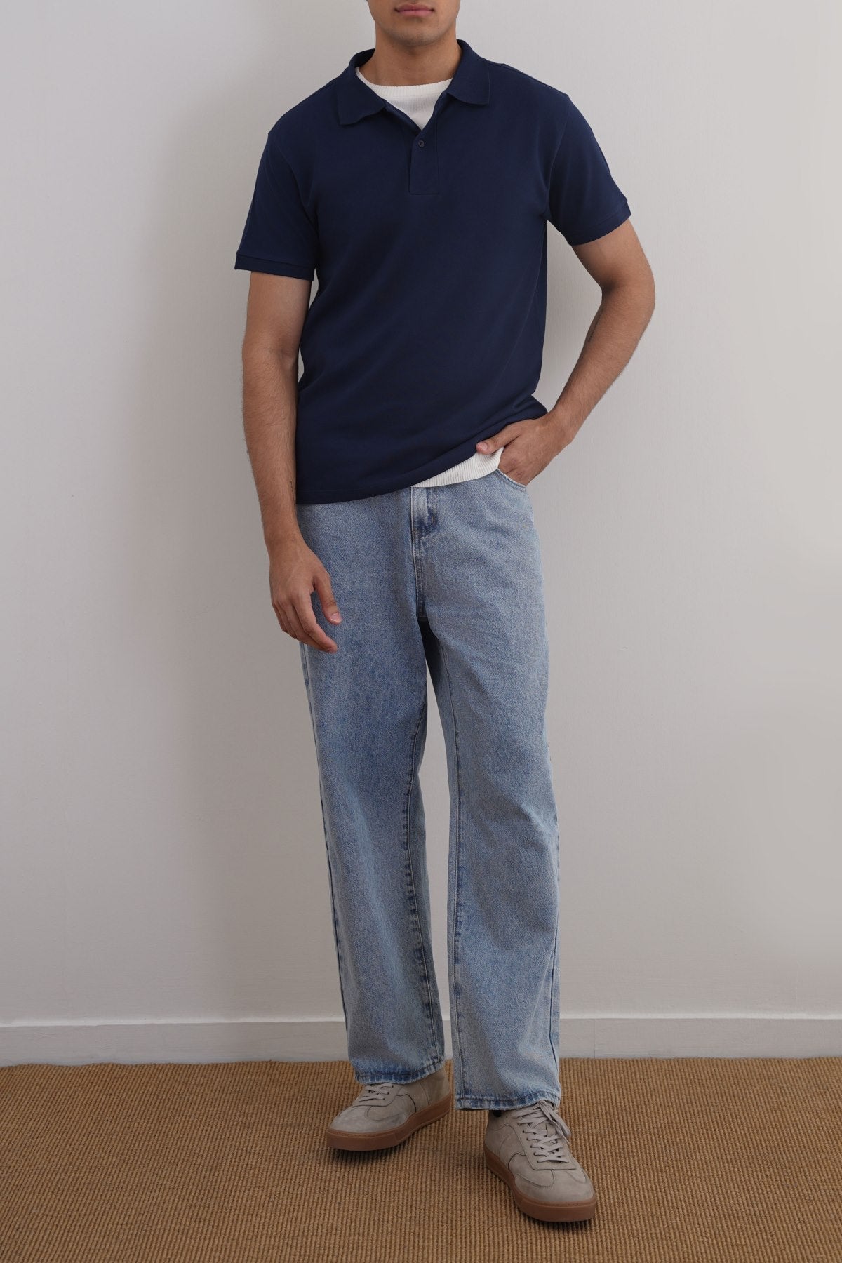 Navy Relaxed Fit Half Sleeve Cotton Polo Shirt