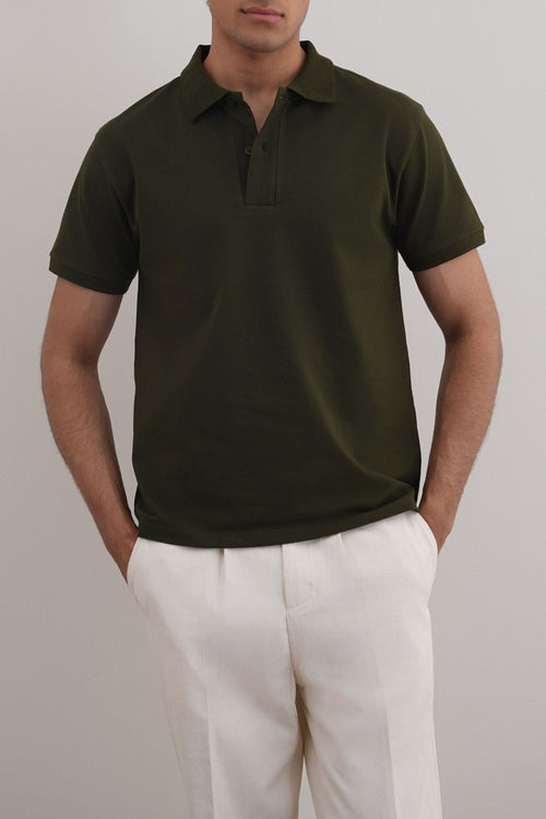 Olive Relaxed Fit Half Sleeve Cotton Polo Shirt – Cool Havn
