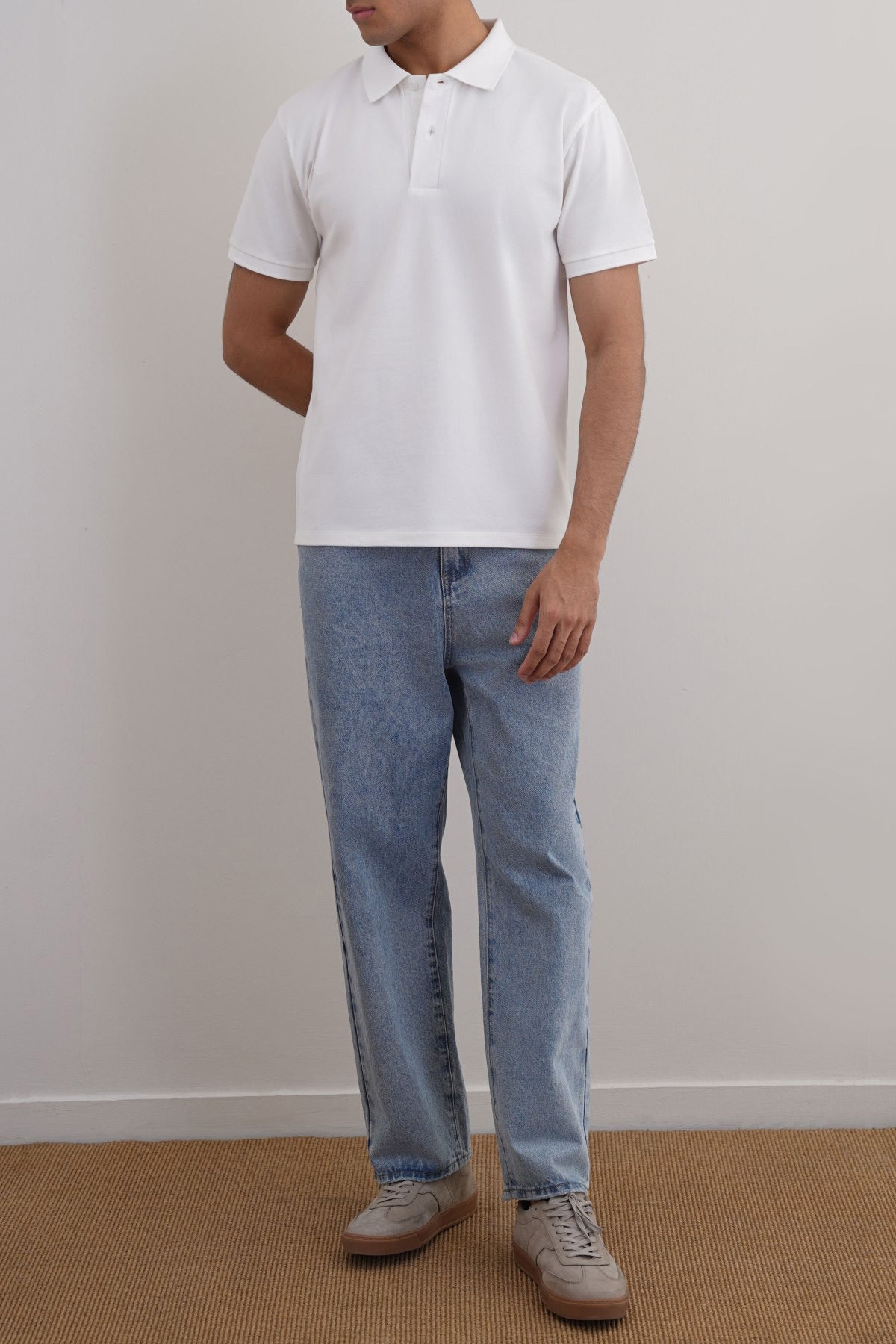 White Relaxed Fit Half Sleeve Cotton Polo Shirt