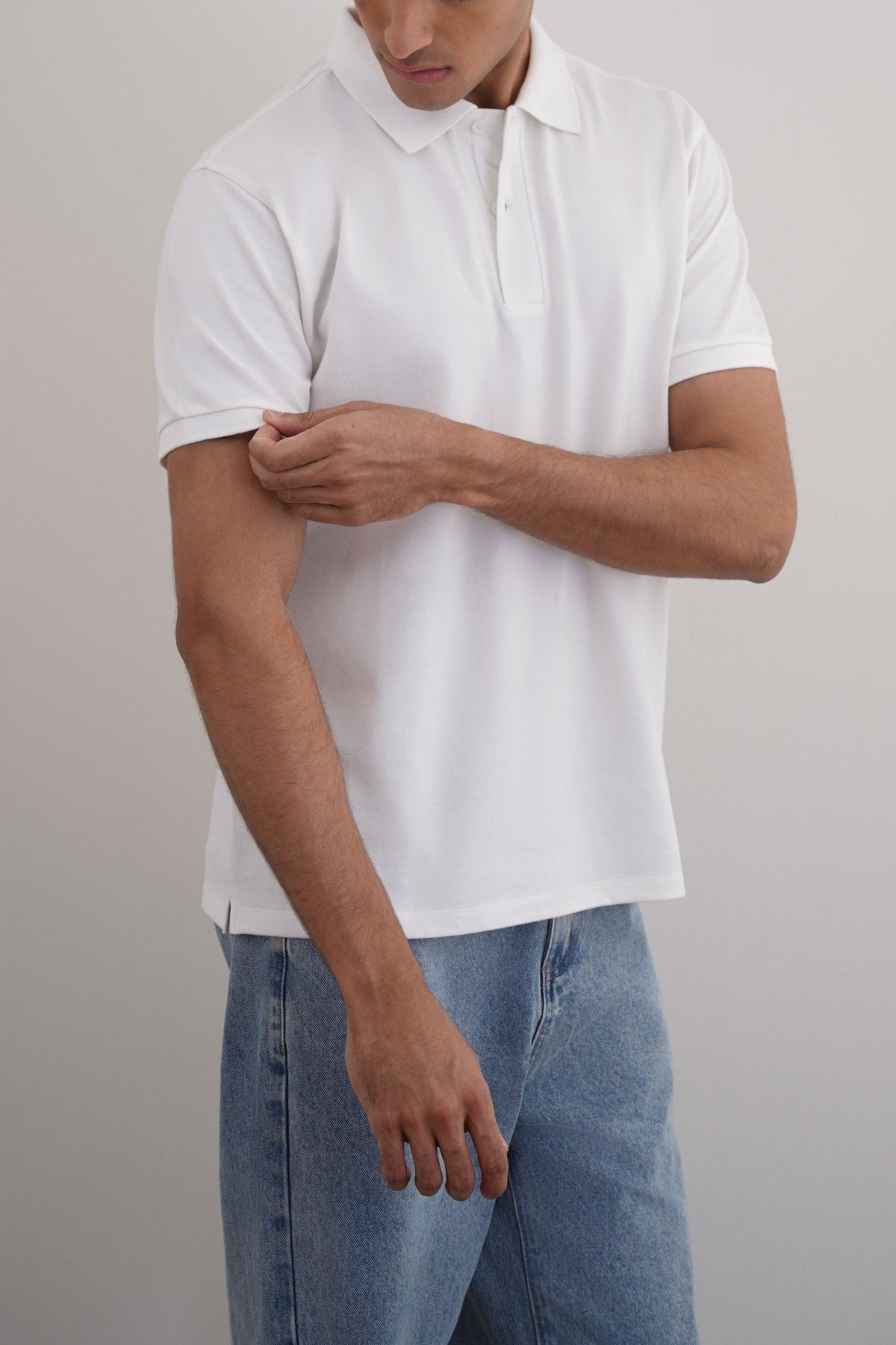 White Relaxed Fit Half Sleeve Cotton Polo Shirt