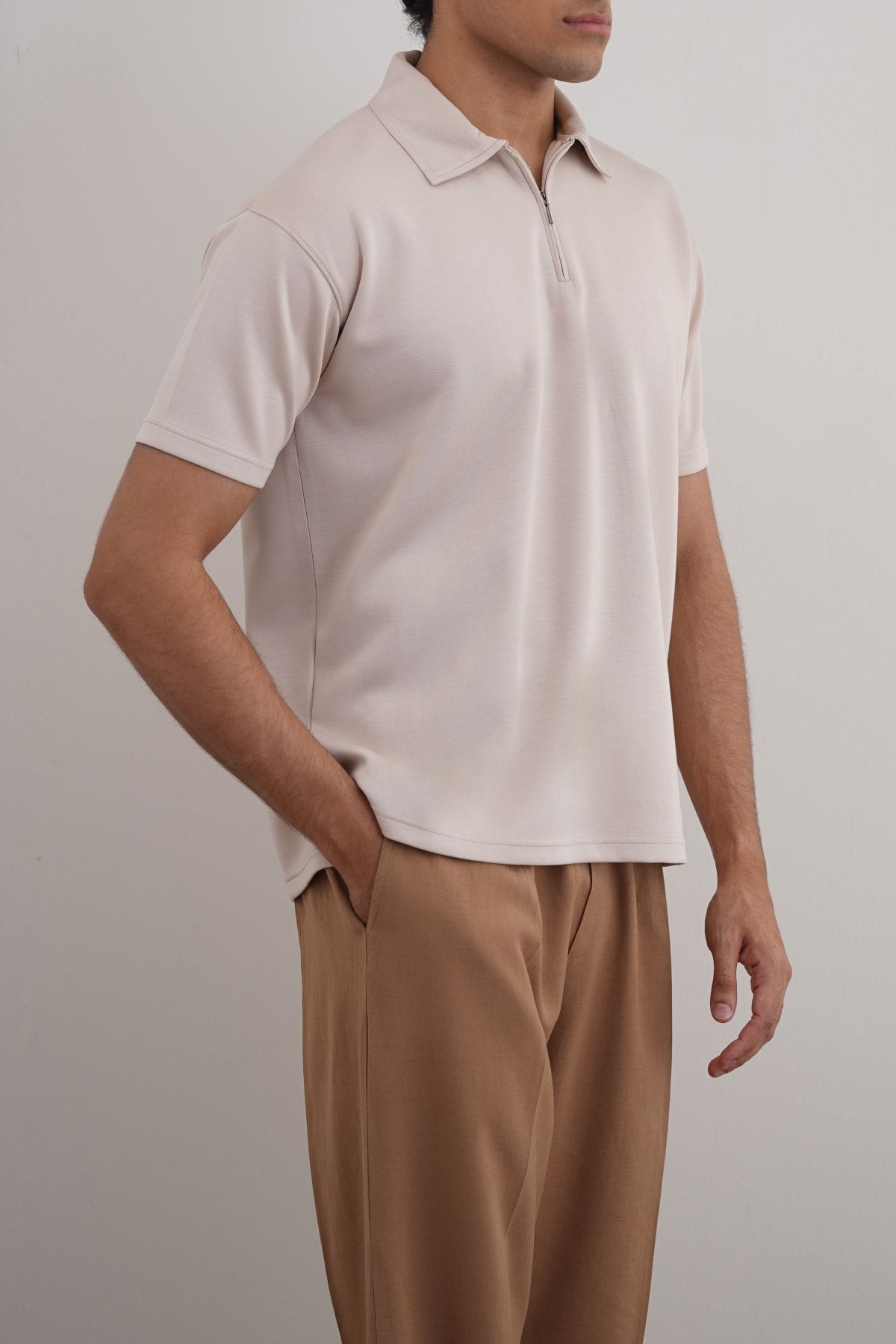 Beige Relaxed Fit Neoprene Zipper Polo with Side Slits - Soft Hand Feel