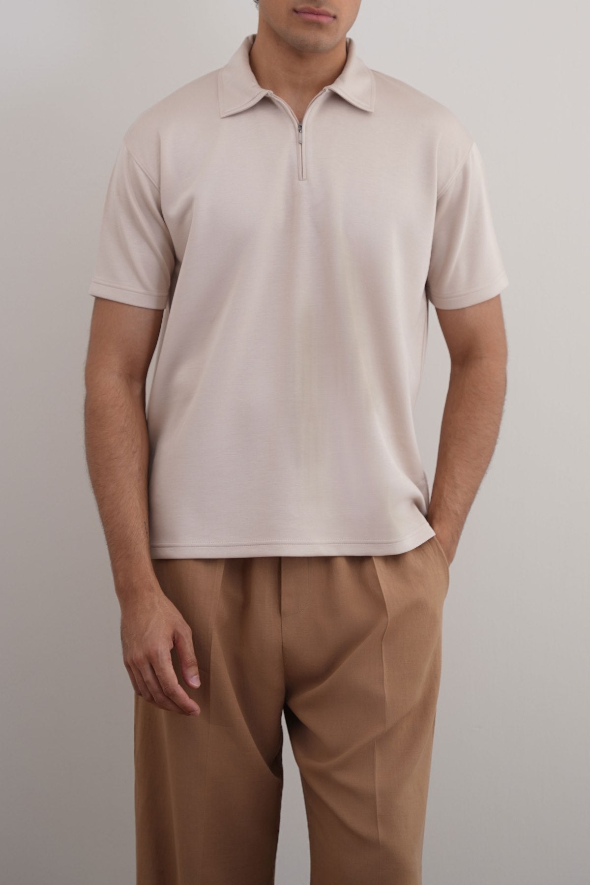 Beige Relaxed Fit Neoprene Zipper Polo with Side Slits - Soft Hand Feel