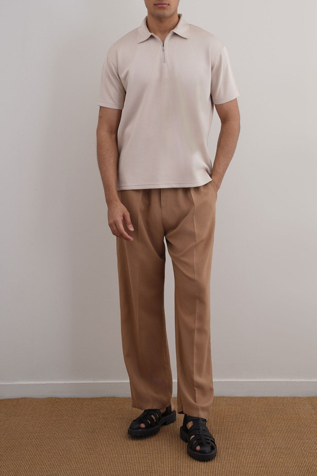 Beige Relaxed Fit Neoprene Zipper Polo with Side Slits - Soft Hand Feel – Cool Havn