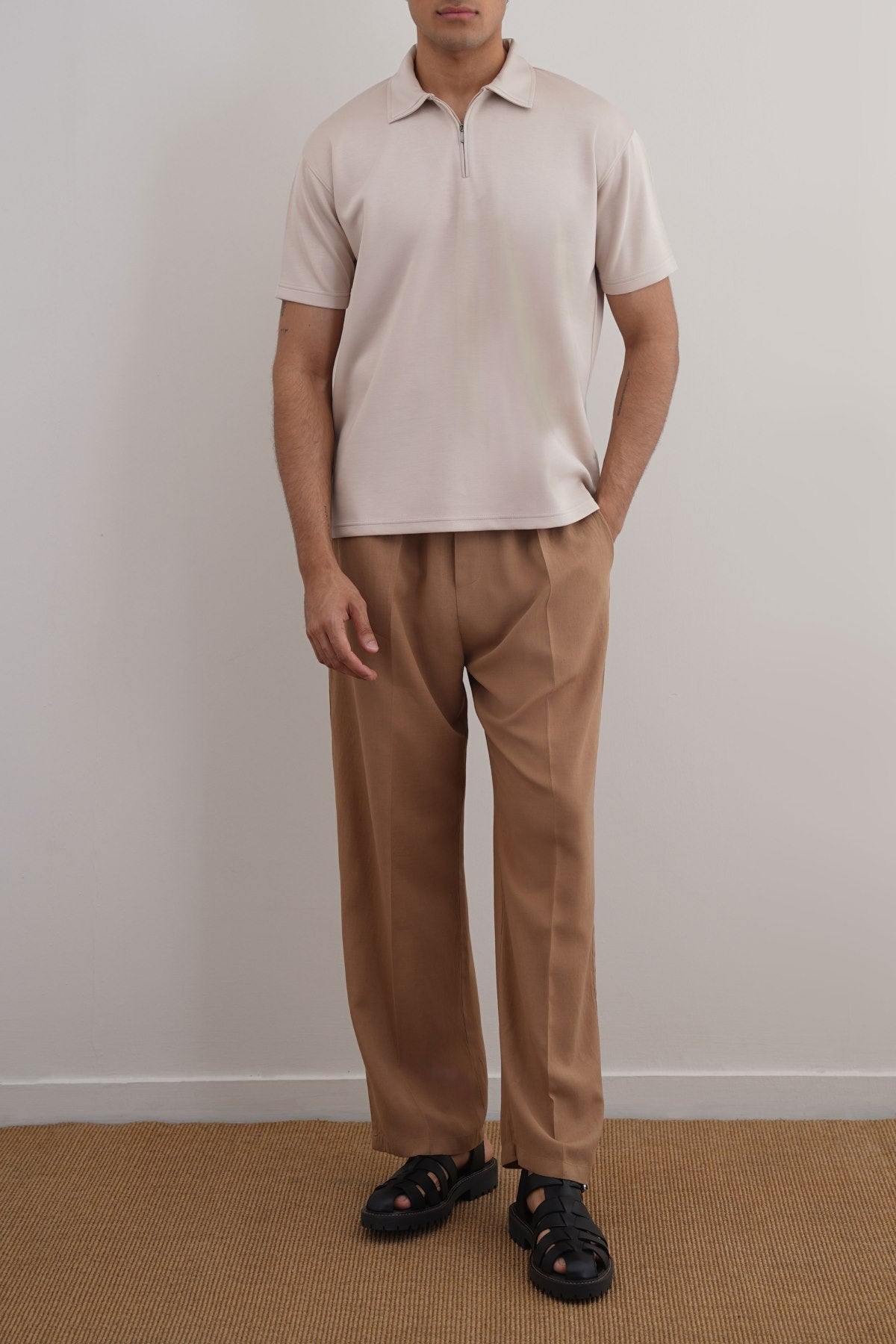 Beige Relaxed Fit Neoprene Zipper Polo with Side Slits - Soft Hand Feel