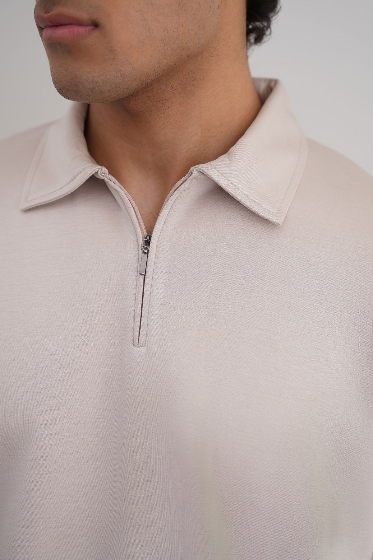 Beige Relaxed Fit Neoprene Zipper Polo with Side Slits - Soft Hand Feel
