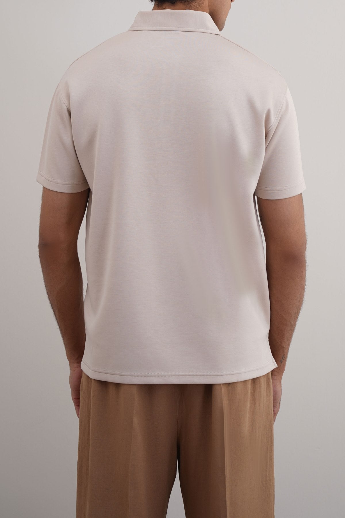 Beige Relaxed Fit Neoprene Zipper Polo with Side Slits - Soft Hand Feel