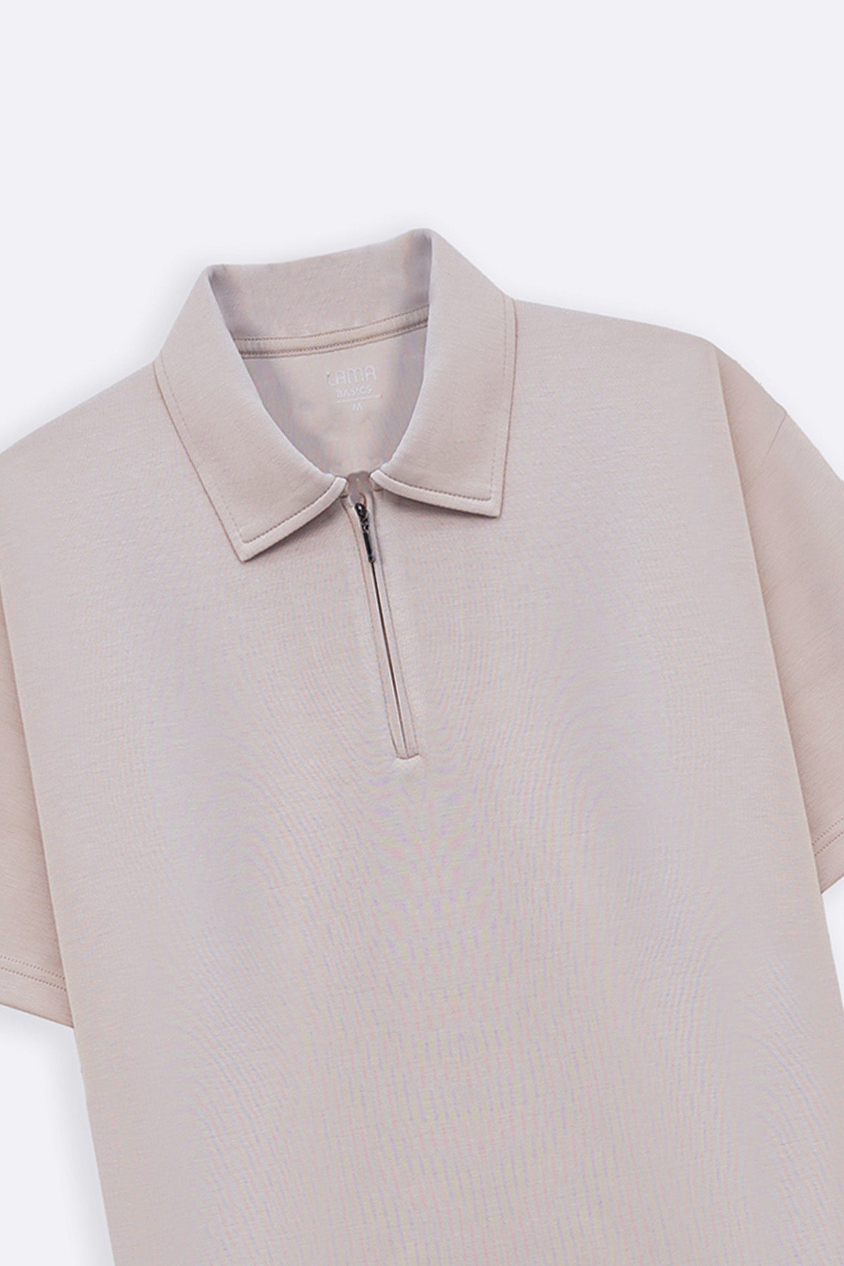 Beige Relaxed Fit Neoprene Zipper Polo with Side Slits - Soft Hand Feel
