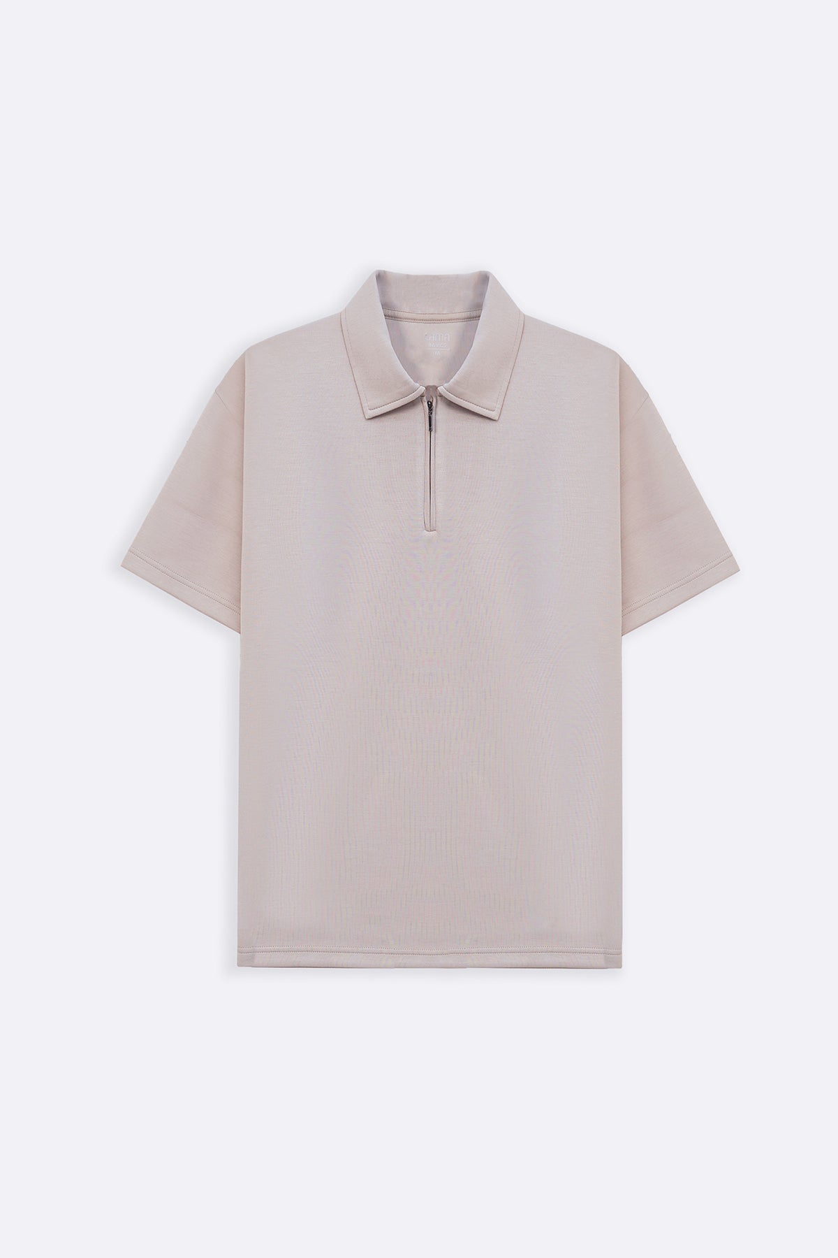 Beige Relaxed Fit Neoprene Zipper Polo with Side Slits - Soft Hand Feel