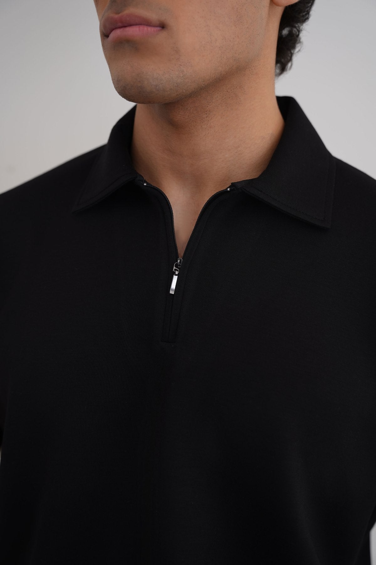 Black Soft Neoprene Zipper Polo - Relaxed Fit