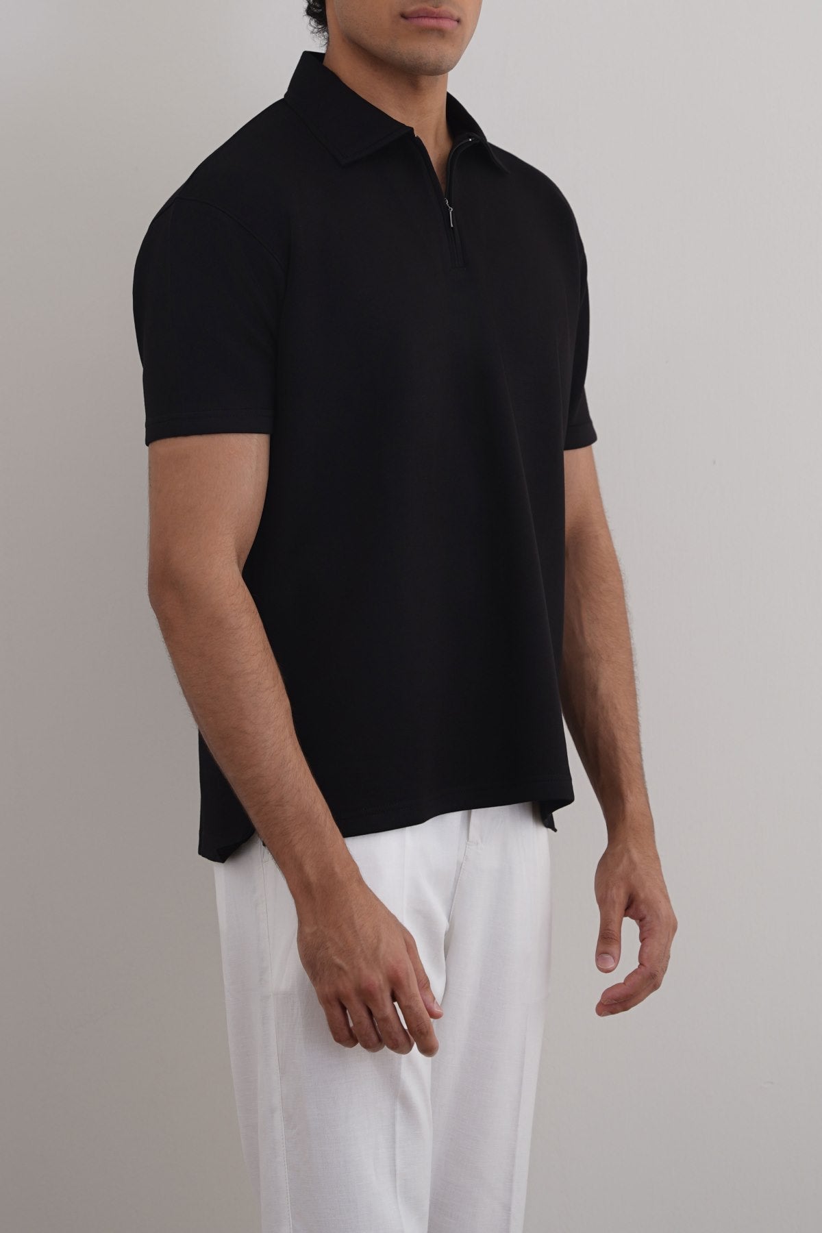 Black Soft Neoprene Zipper Polo - Relaxed Fit