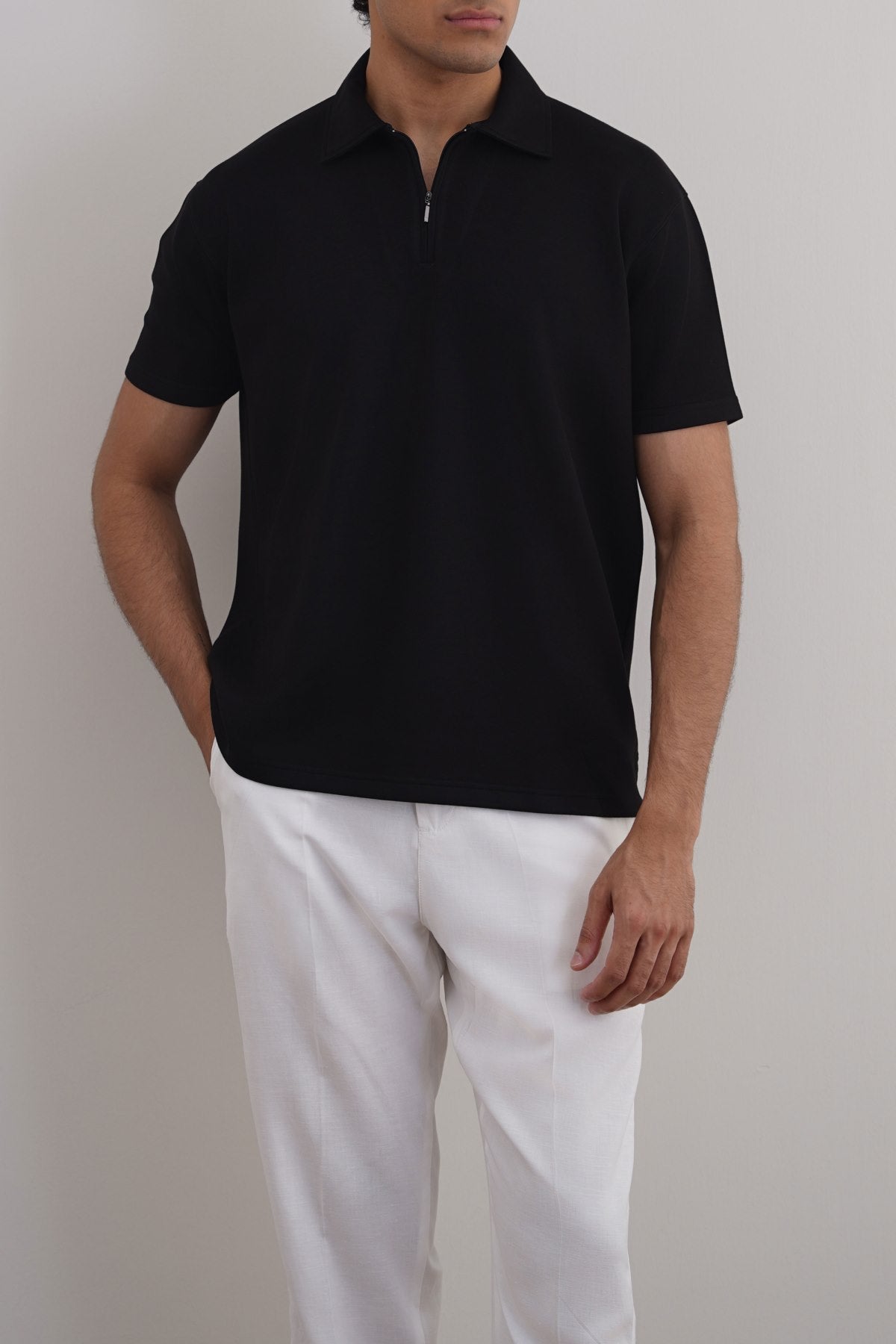 Black Soft Neoprene Zipper Polo - Relaxed Fit