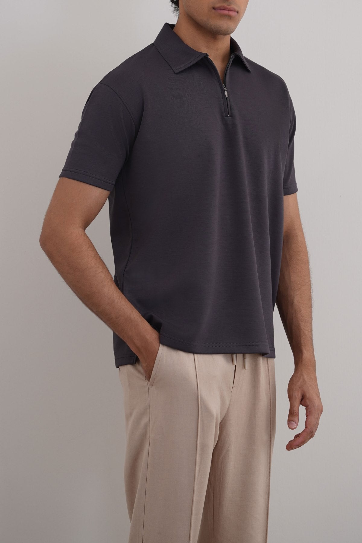 Charcoal Soft Neoprene Zipper Polo - Relaxed Fit