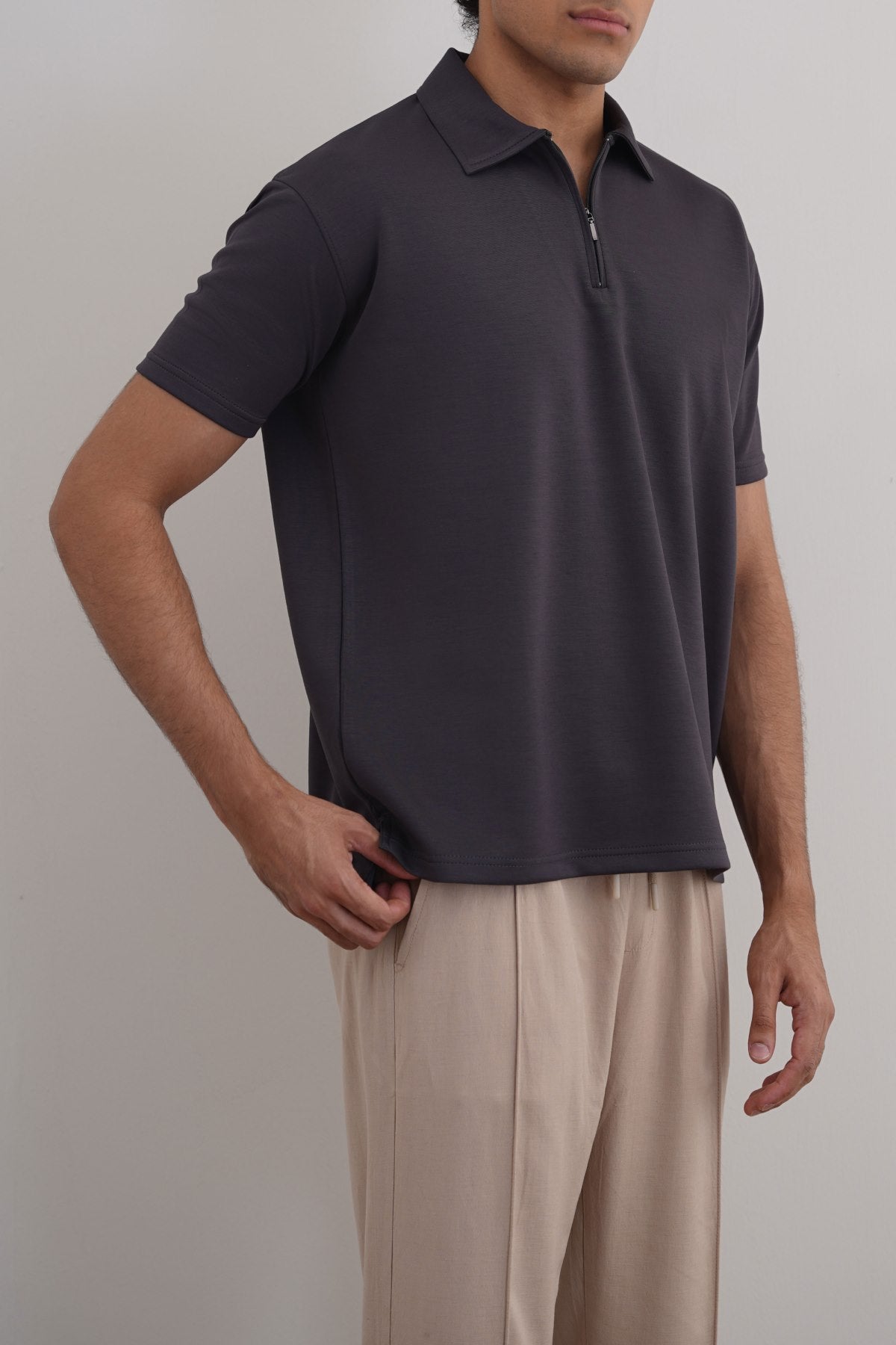 Charcoal Soft Neoprene Zipper Polo - Relaxed Fit