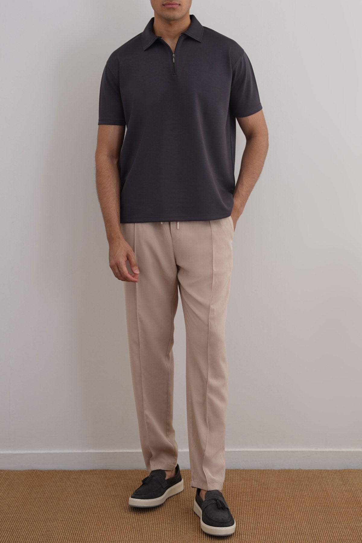 Charcoal Soft Neoprene Zipper Polo - Relaxed Fit