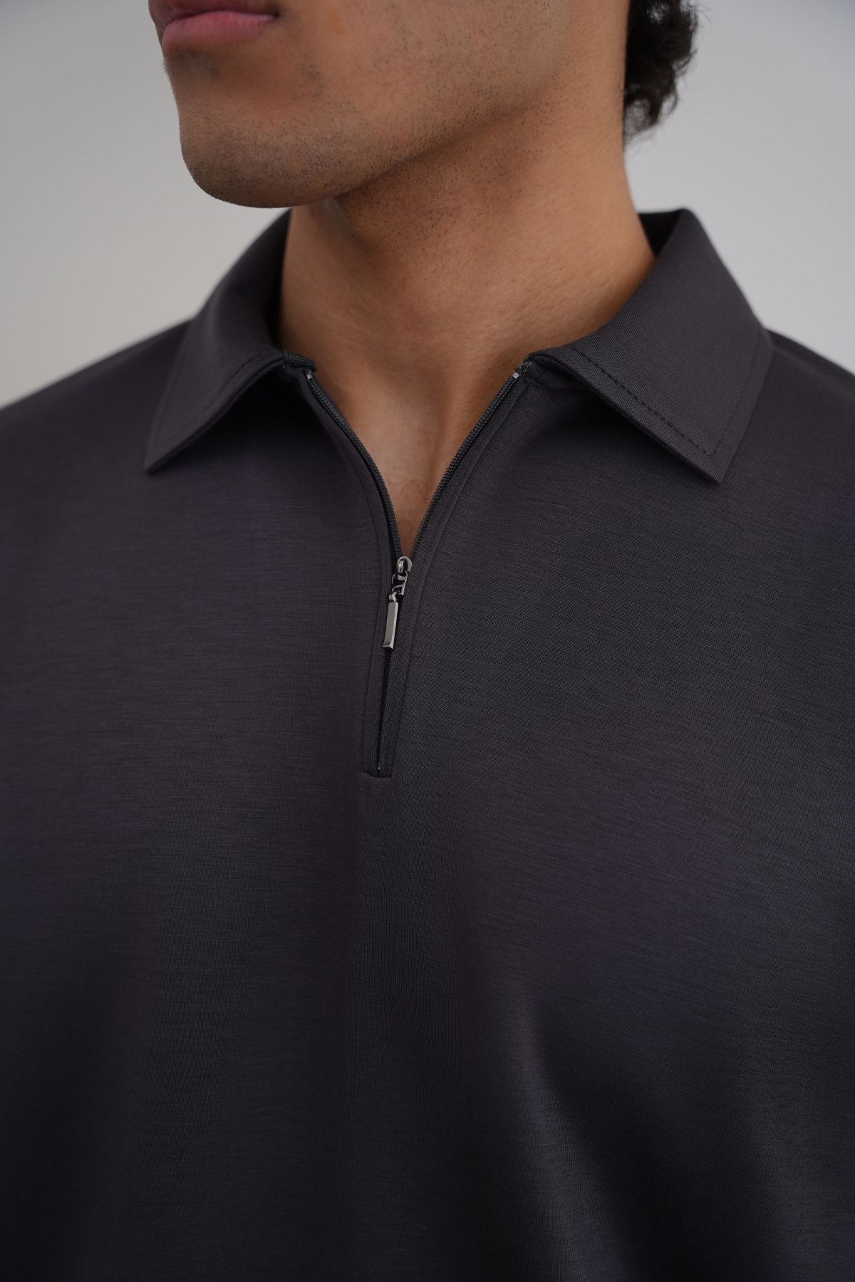 Charcoal Soft Neoprene Zipper Polo - Relaxed Fit