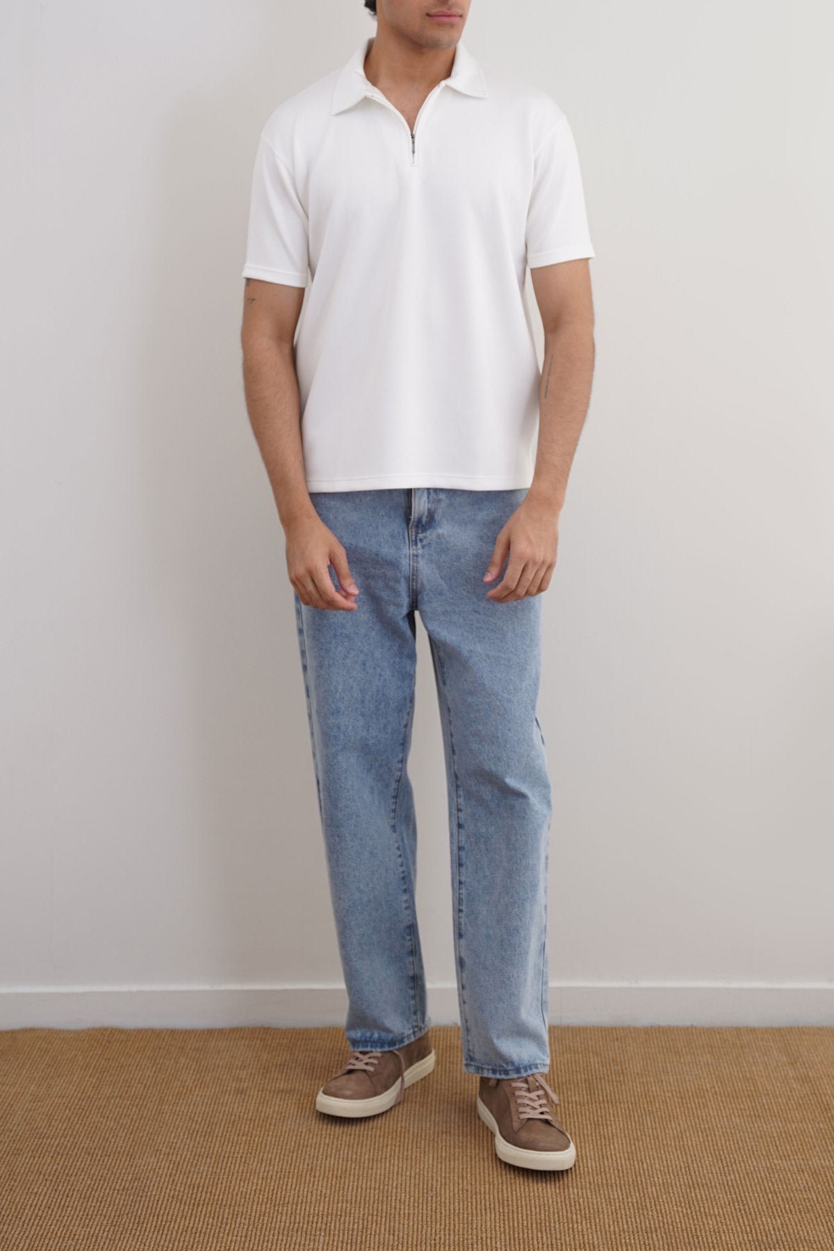 White Relaxed Fit Neoprene Zipper Polo with Soft Hand Feel