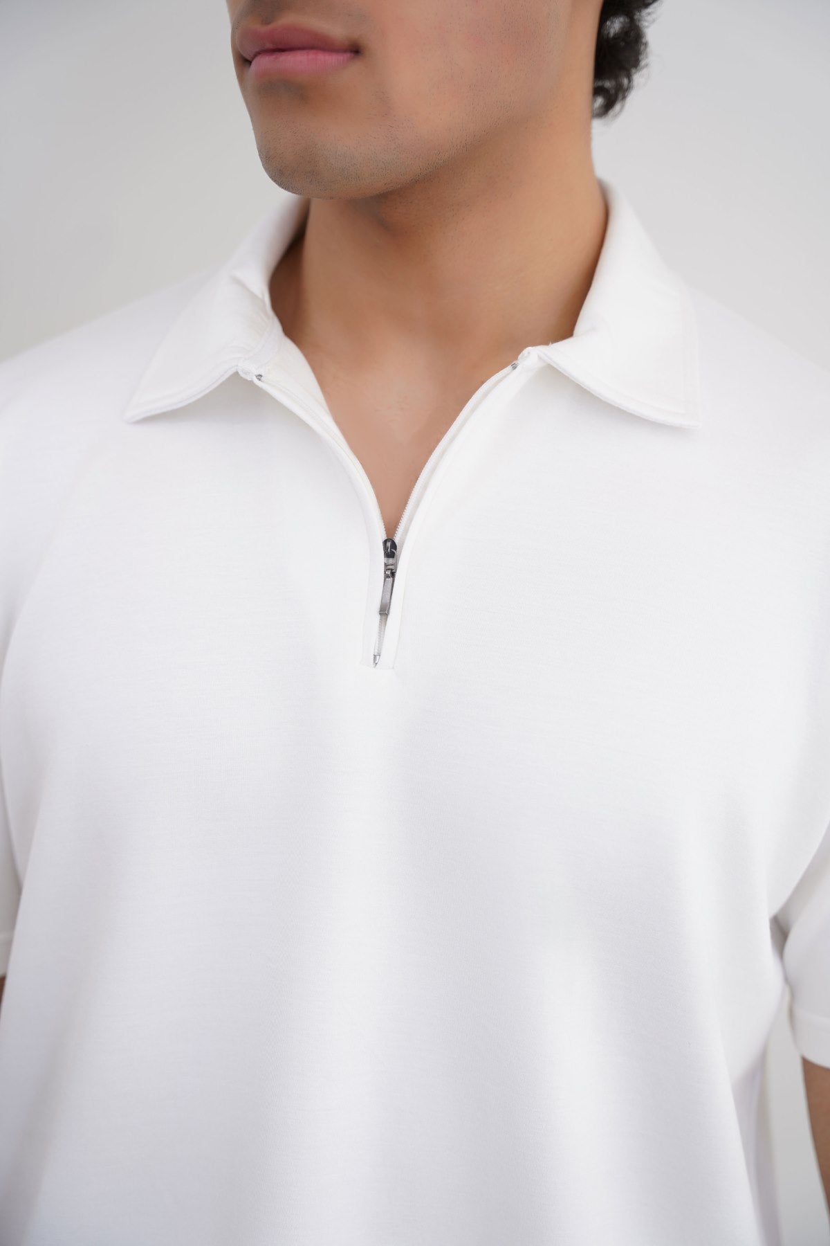 White Relaxed Fit Neoprene Zipper Polo with Soft Hand Feel