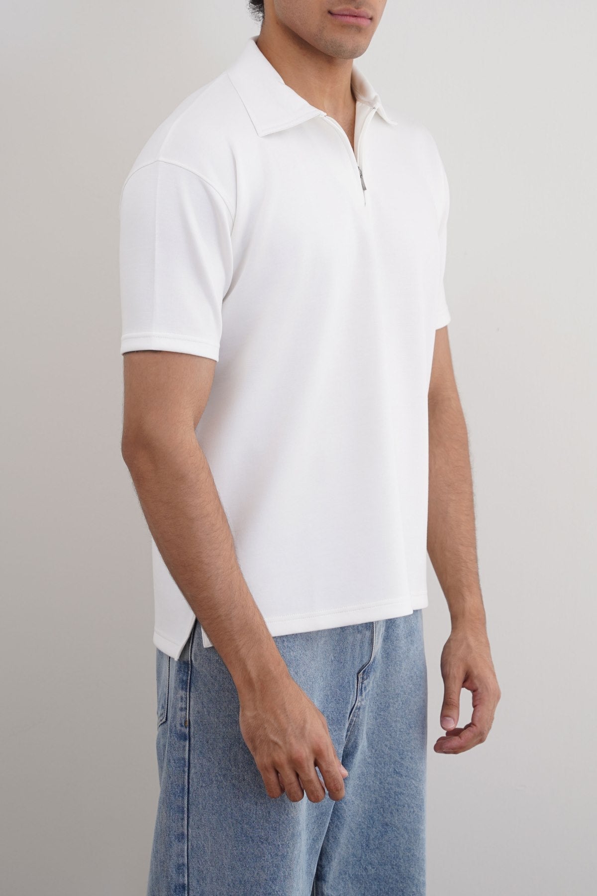 White Relaxed Fit Neoprene Zipper Polo with Soft Hand Feel