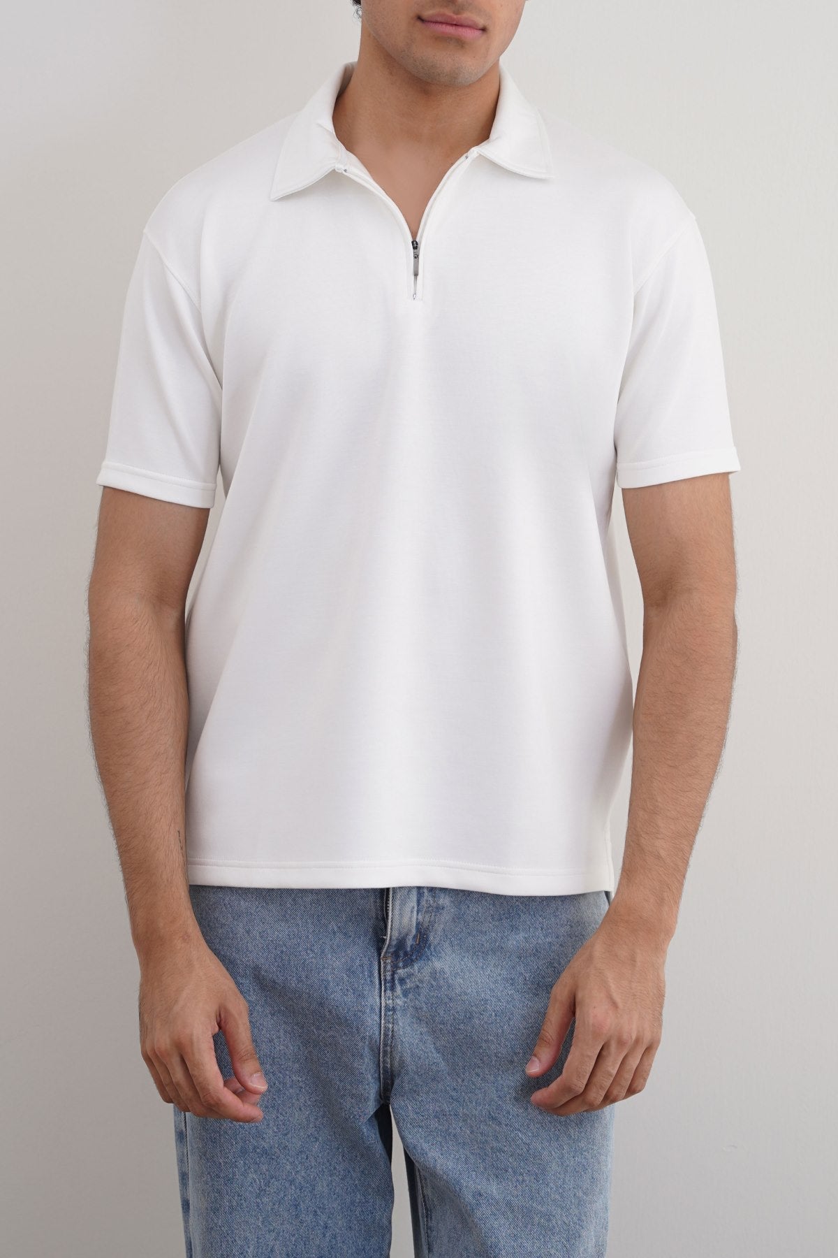 White Relaxed Fit Neoprene Zipper Polo with Soft Hand Feel
