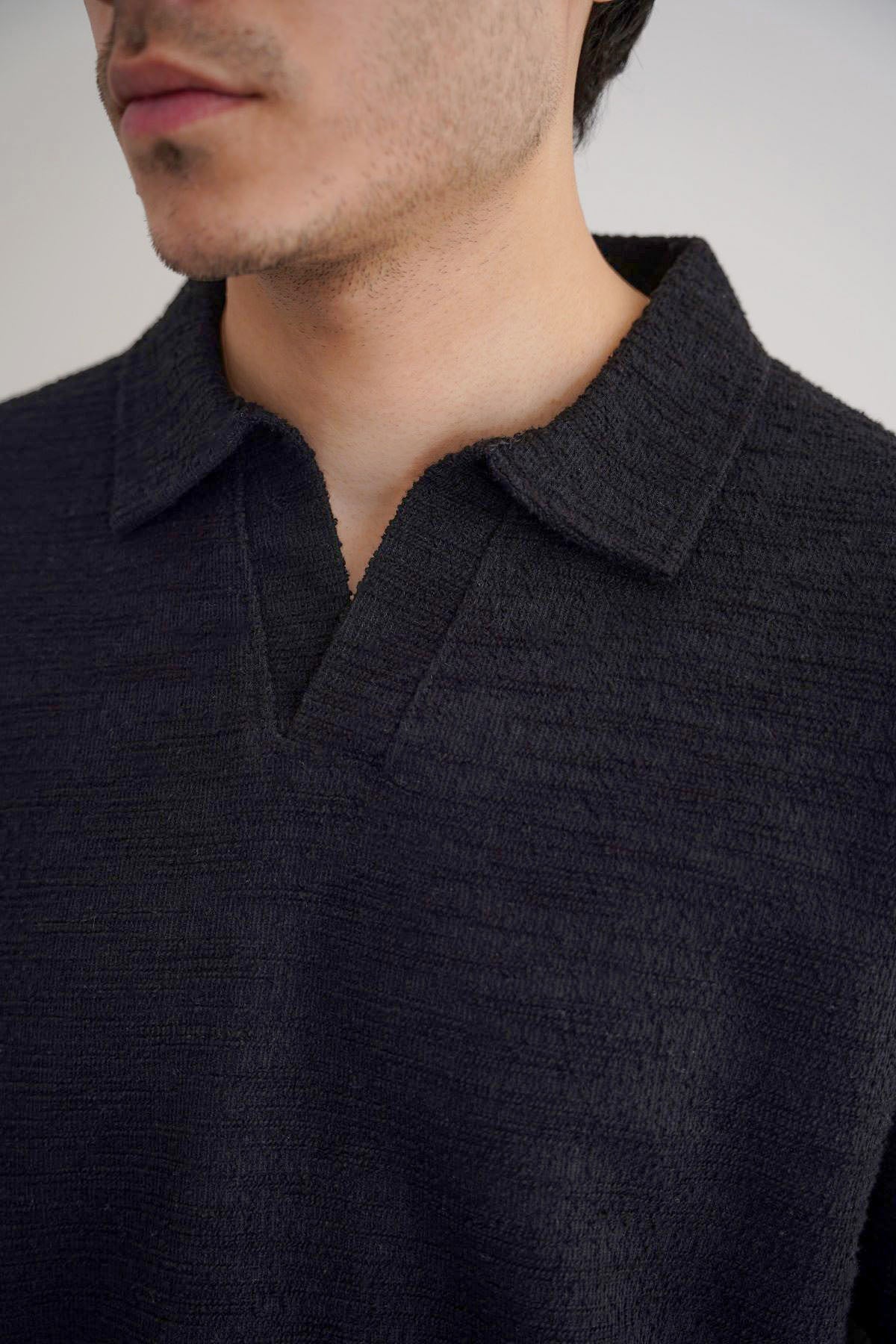 Black Relaxed Fit Boucle Knitted Polo Shirt