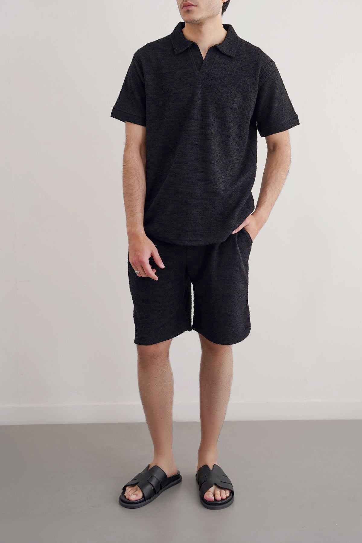 Black Relaxed Fit Boucle Knitted Polo Shirt