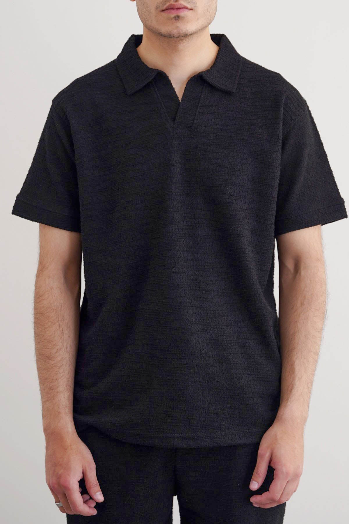 Black Relaxed Fit Boucle Knitted Polo Shirt