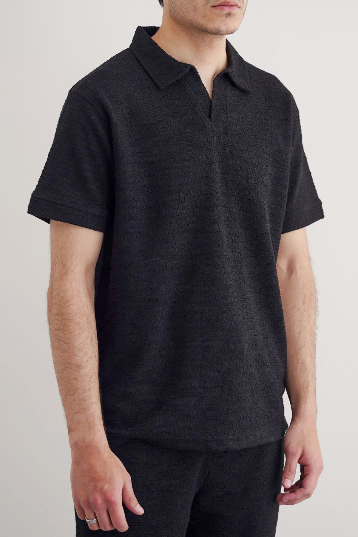 Black Relaxed Fit Boucle Knitted Polo Shirt