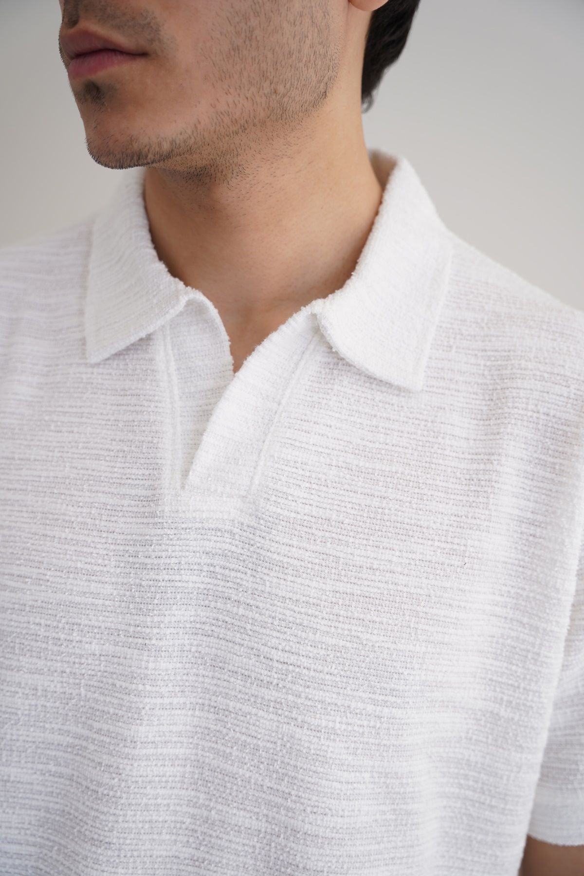 White Boucle Knitted Relaxed Polo Shirt